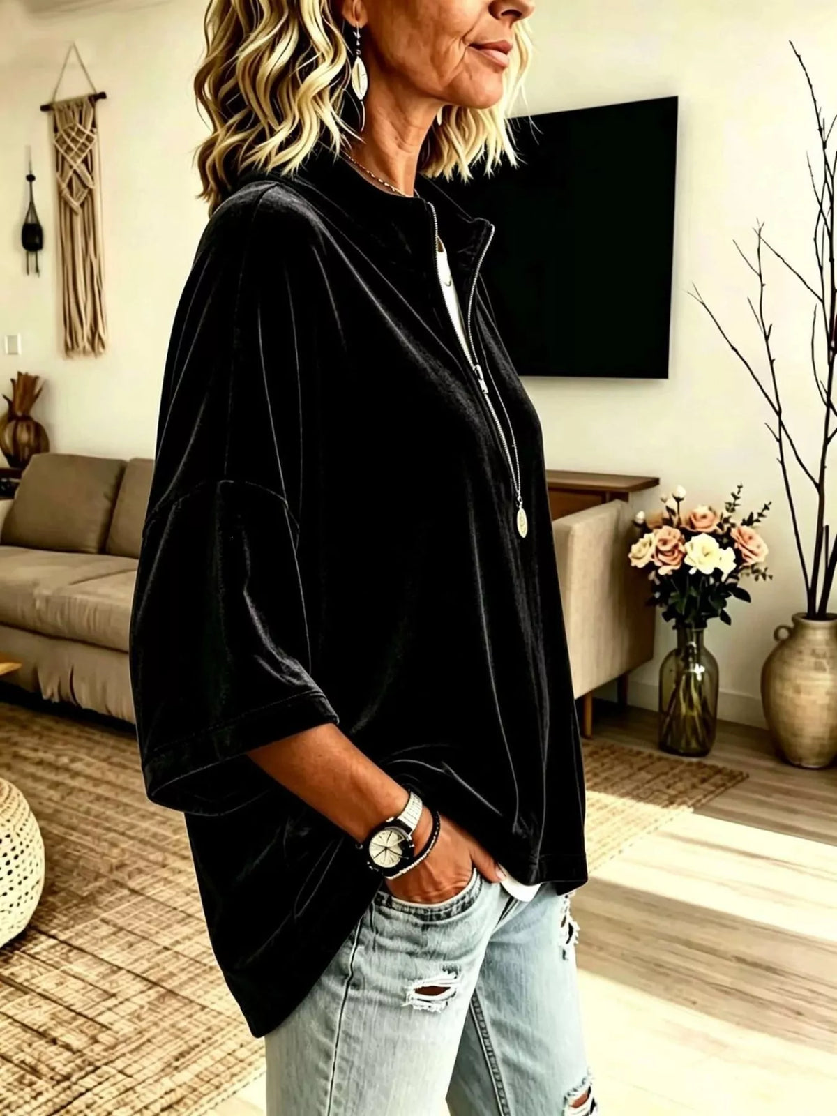 Trendsi Full Size Velvet Quarter-Zip Sweatshirt Plus Size -