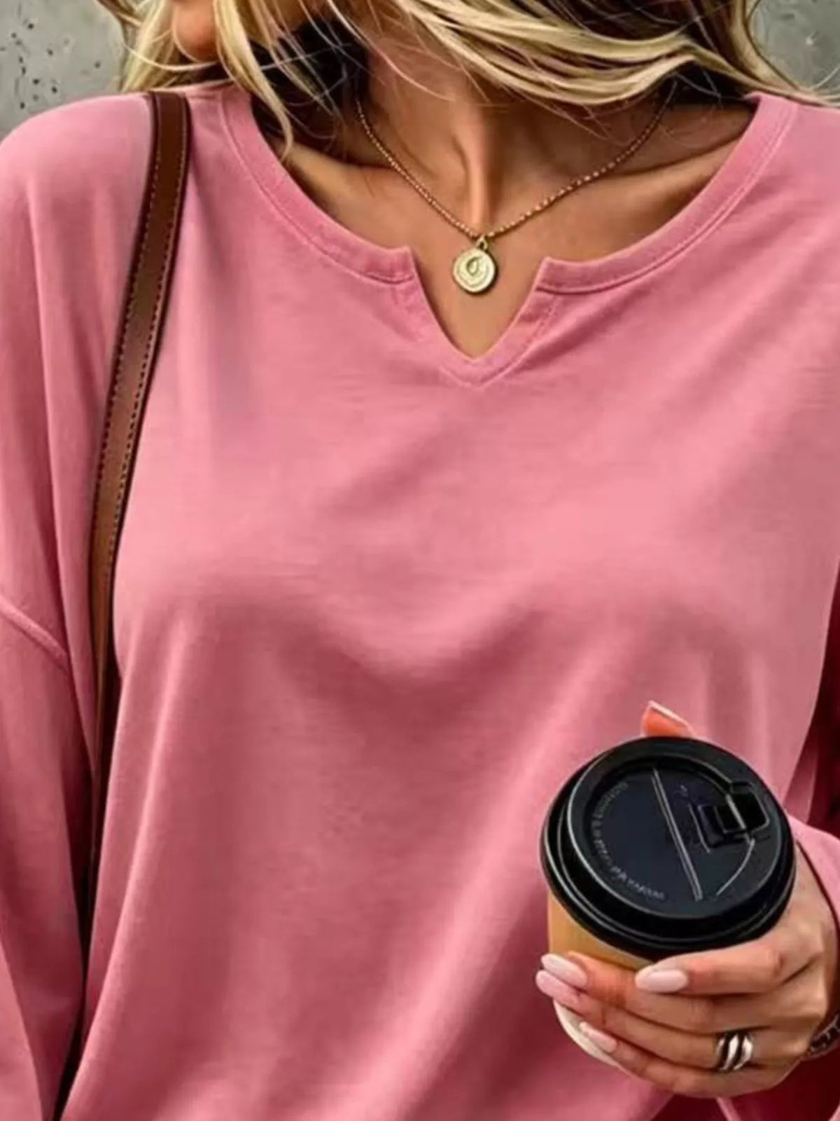 Dusty Pink Loose-Fit Notch Neck Long Sleeve T-Shirt neckline detail