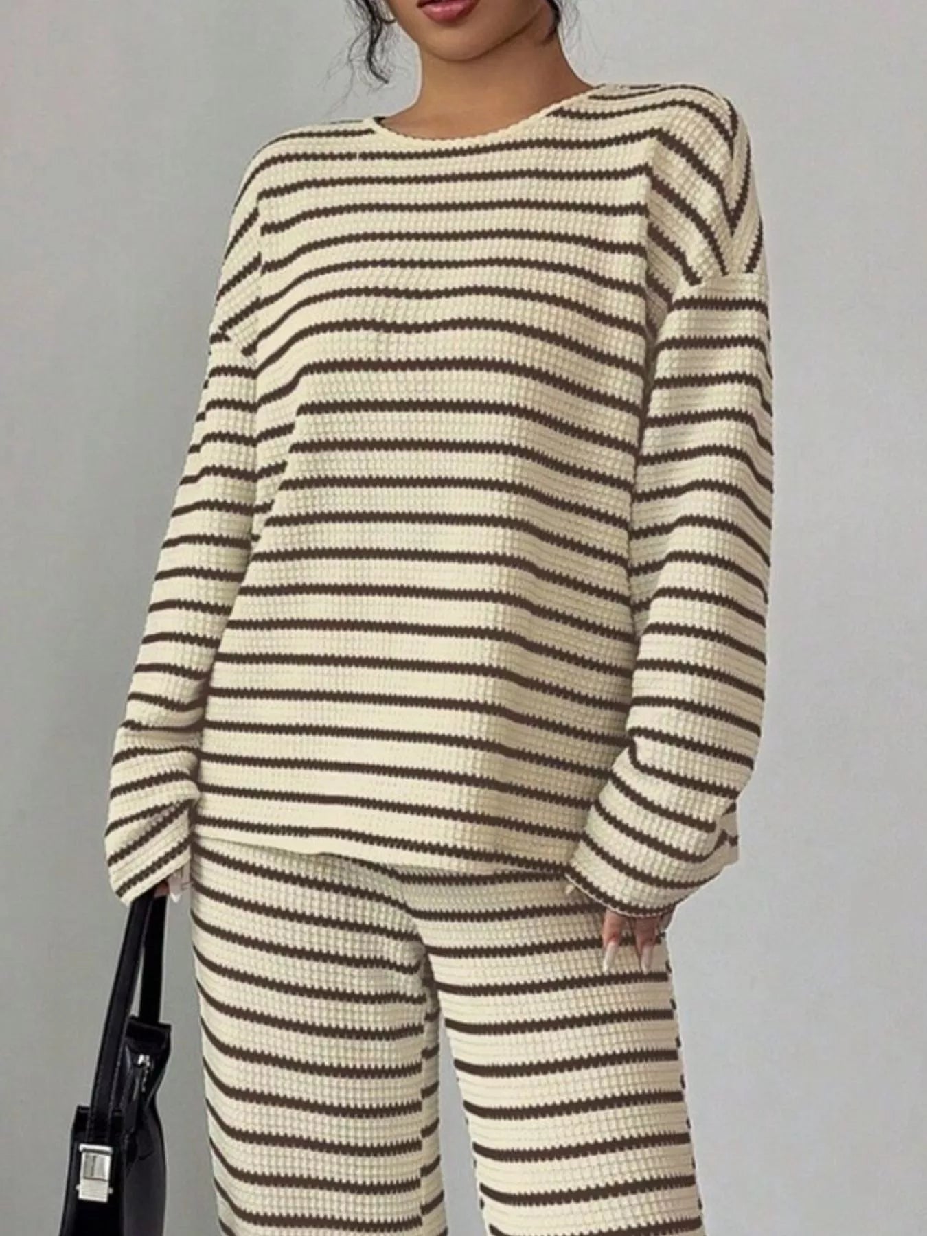Trendsi Striped Knit Dropped Shoulder Top and Pants Set -