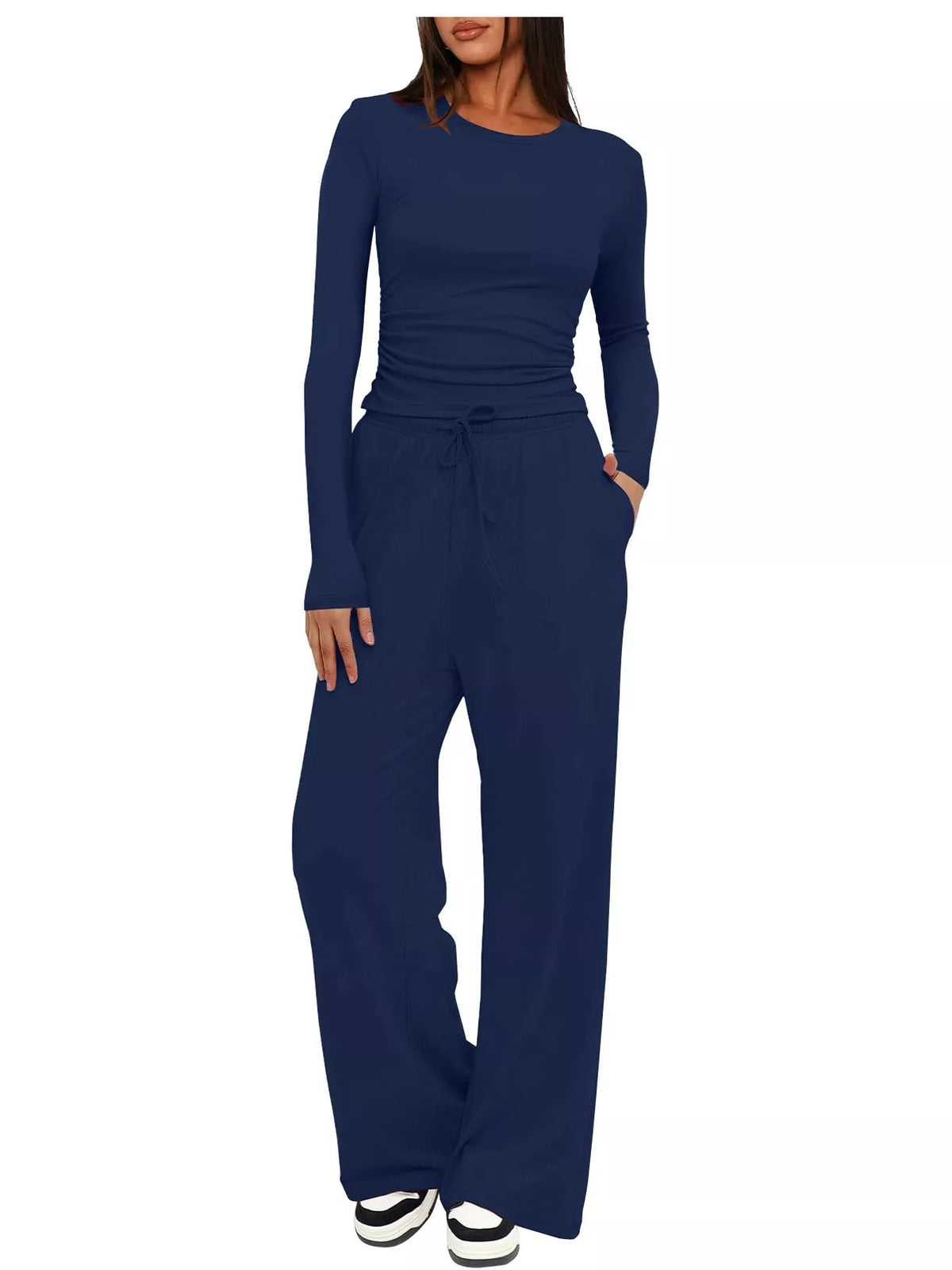 Long Sleeve Top and Wide-Leg Drawstring Pants Set — front view
