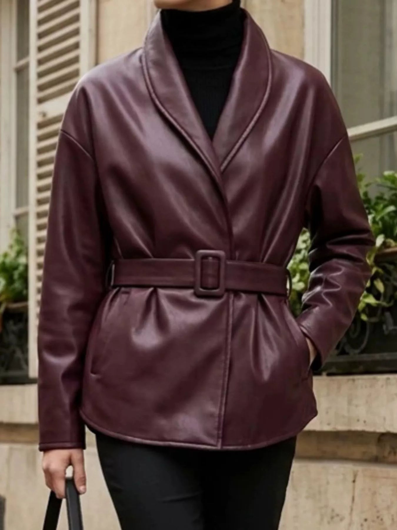 Trendsi Faux Leather Belted Jacket -