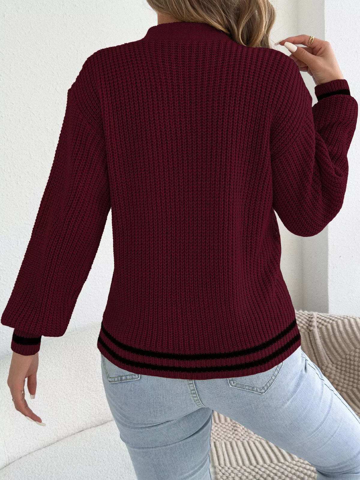 Cutout Cable Knit Sweater in burgundy, back view
