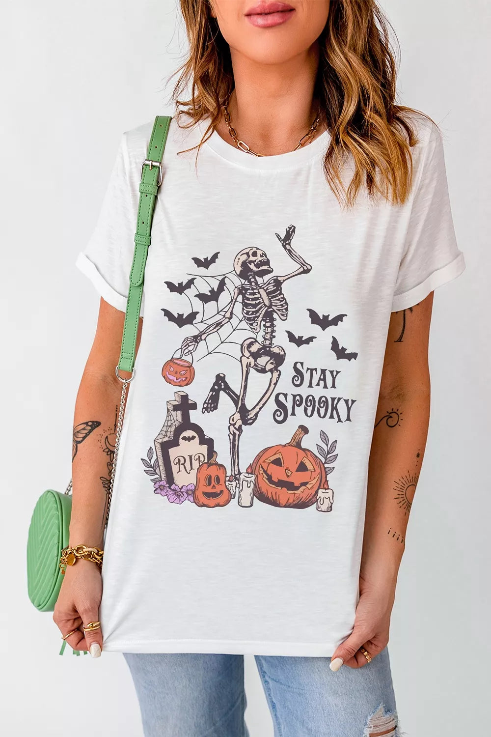 Trendsi Full Size Skull Pumpkin Face STAY SPOOKY Graphic Halloween T Shirt Plus Size -