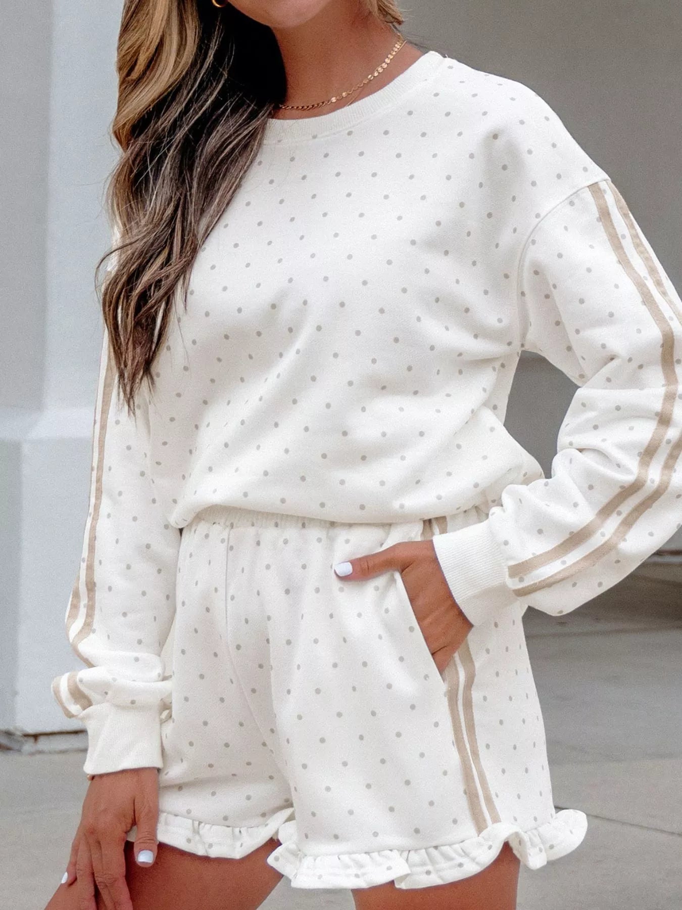 Trendsi Polka Dot Long Sleeve Sweatshirt and Shorts Set -