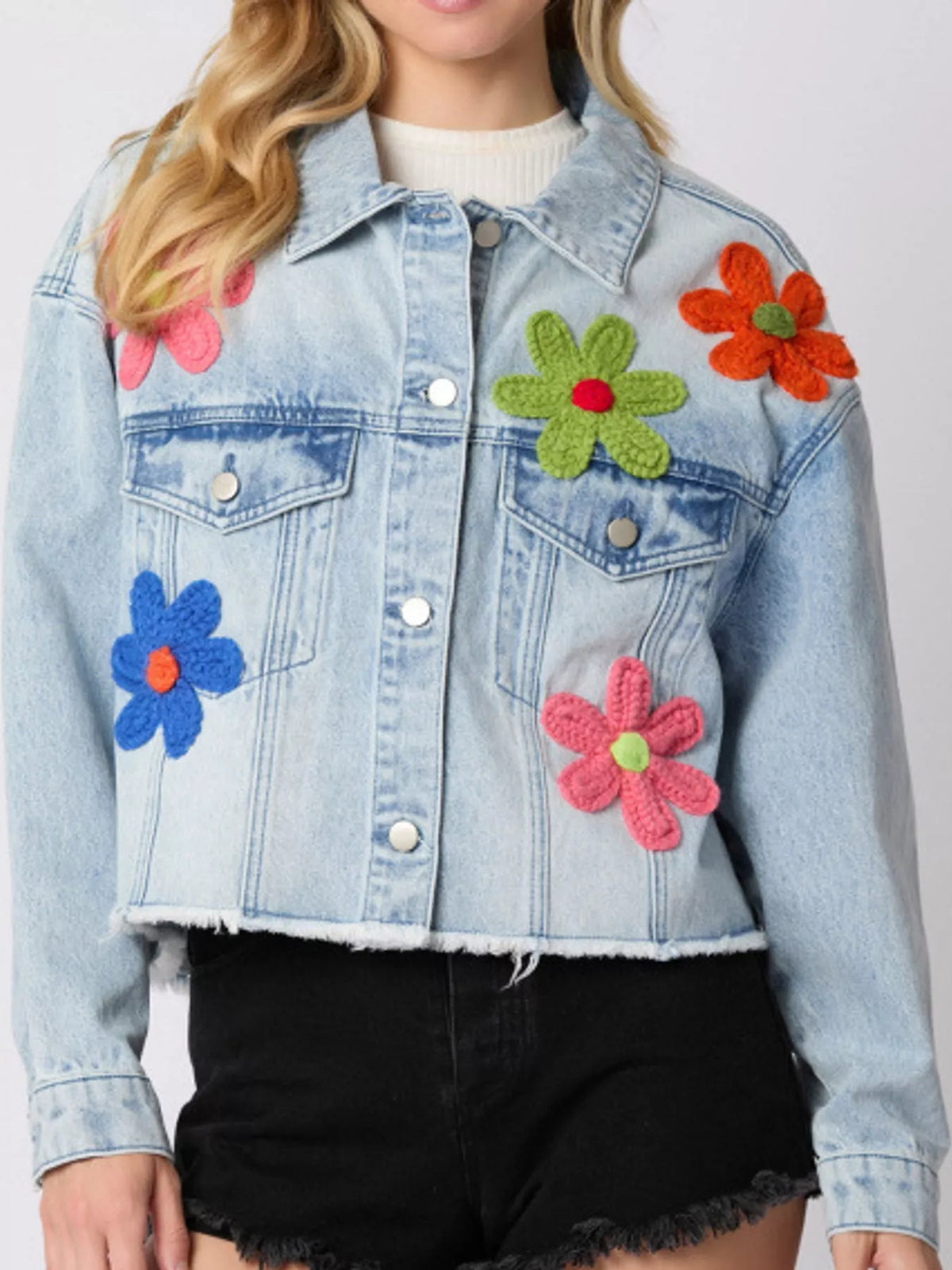 Light blue applique cropped denim jacket with raw hem