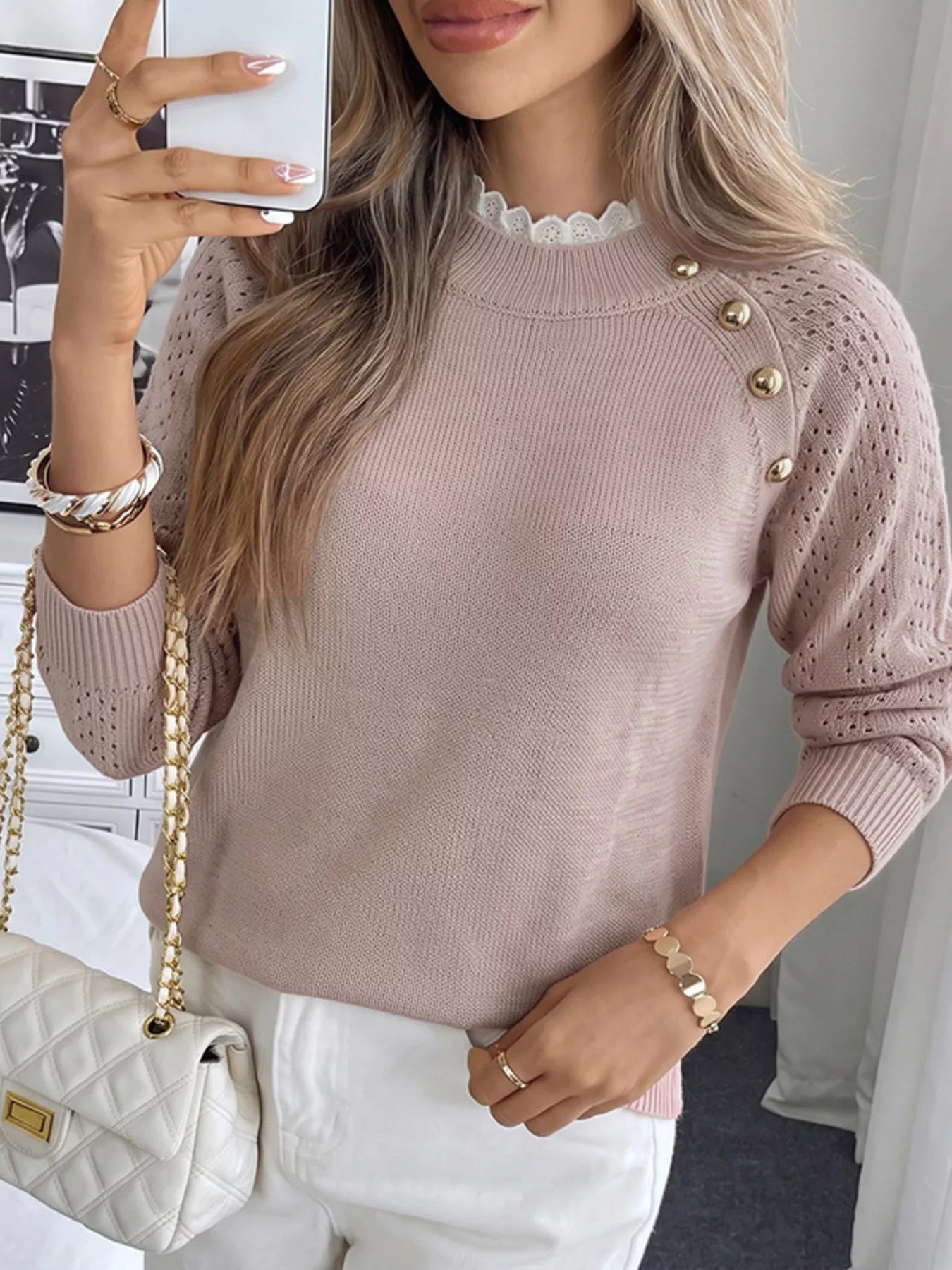 Trendsi Openwork Mock Neck Sweater -
