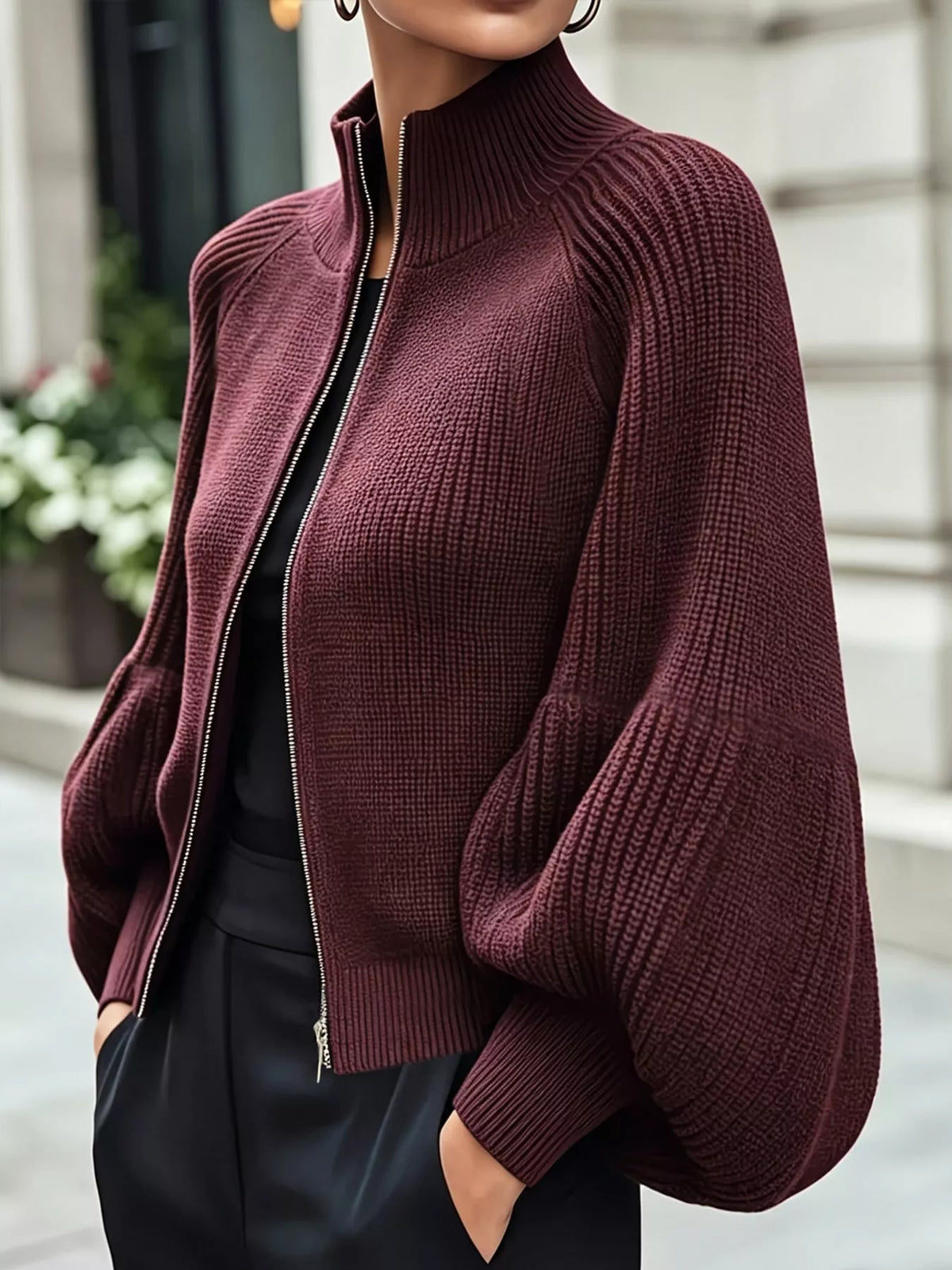 Burgundy ribbed knit zip-up cardigan with lantern sleeves