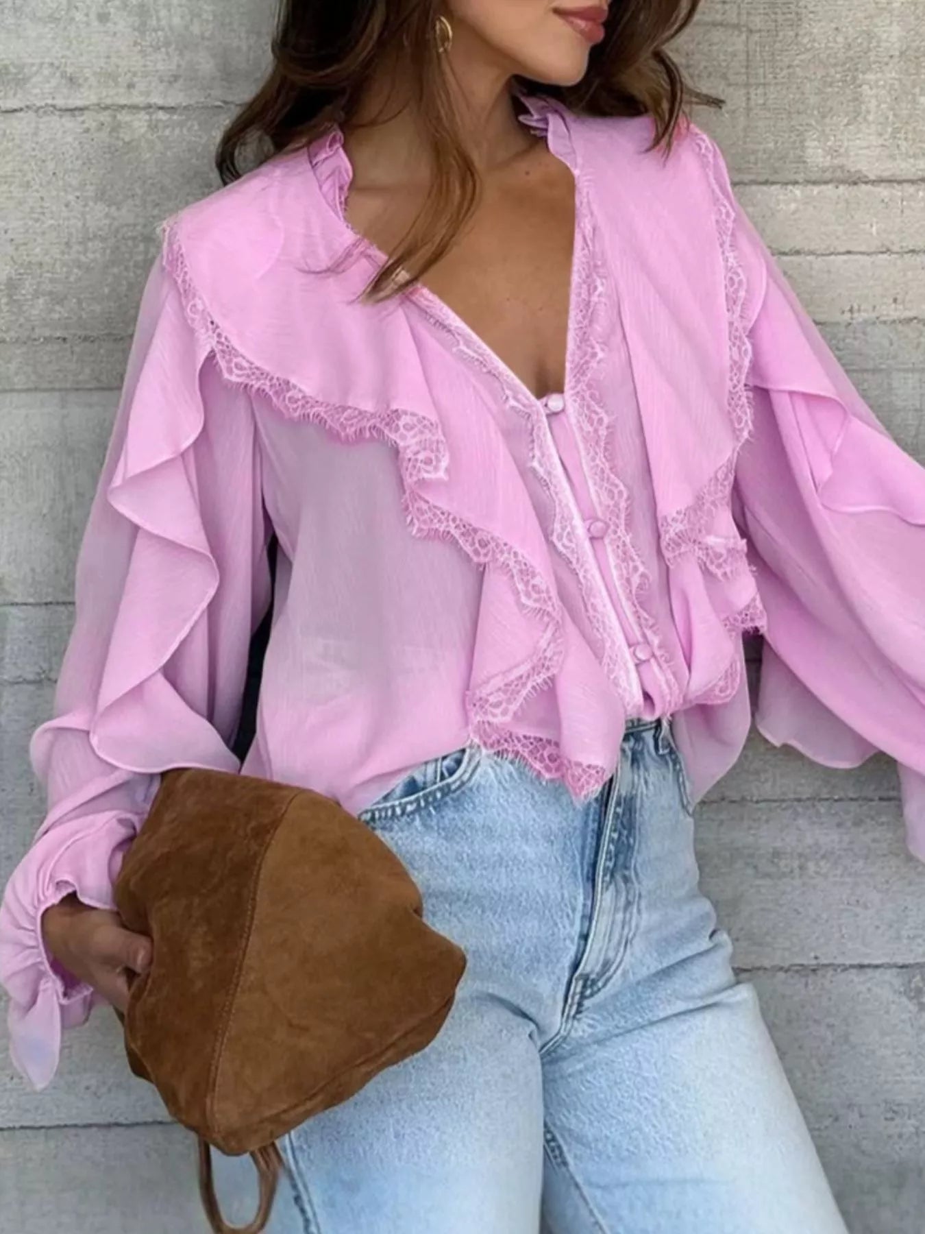 Trendsi V-Neck Ruffled Lace Trim Blouse -