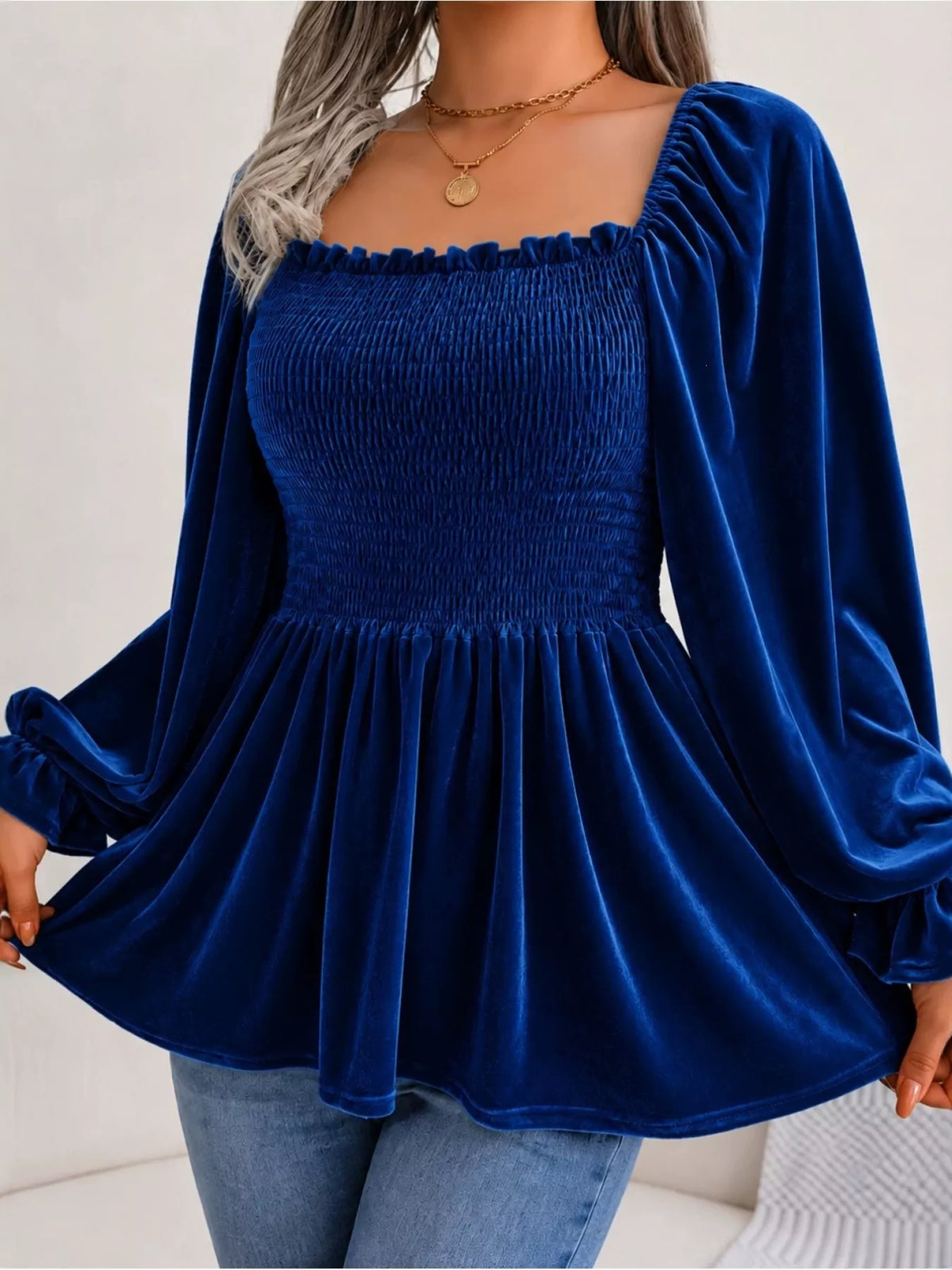 Women's Velvet Smocked Peplum Blouse in Indigo, front view