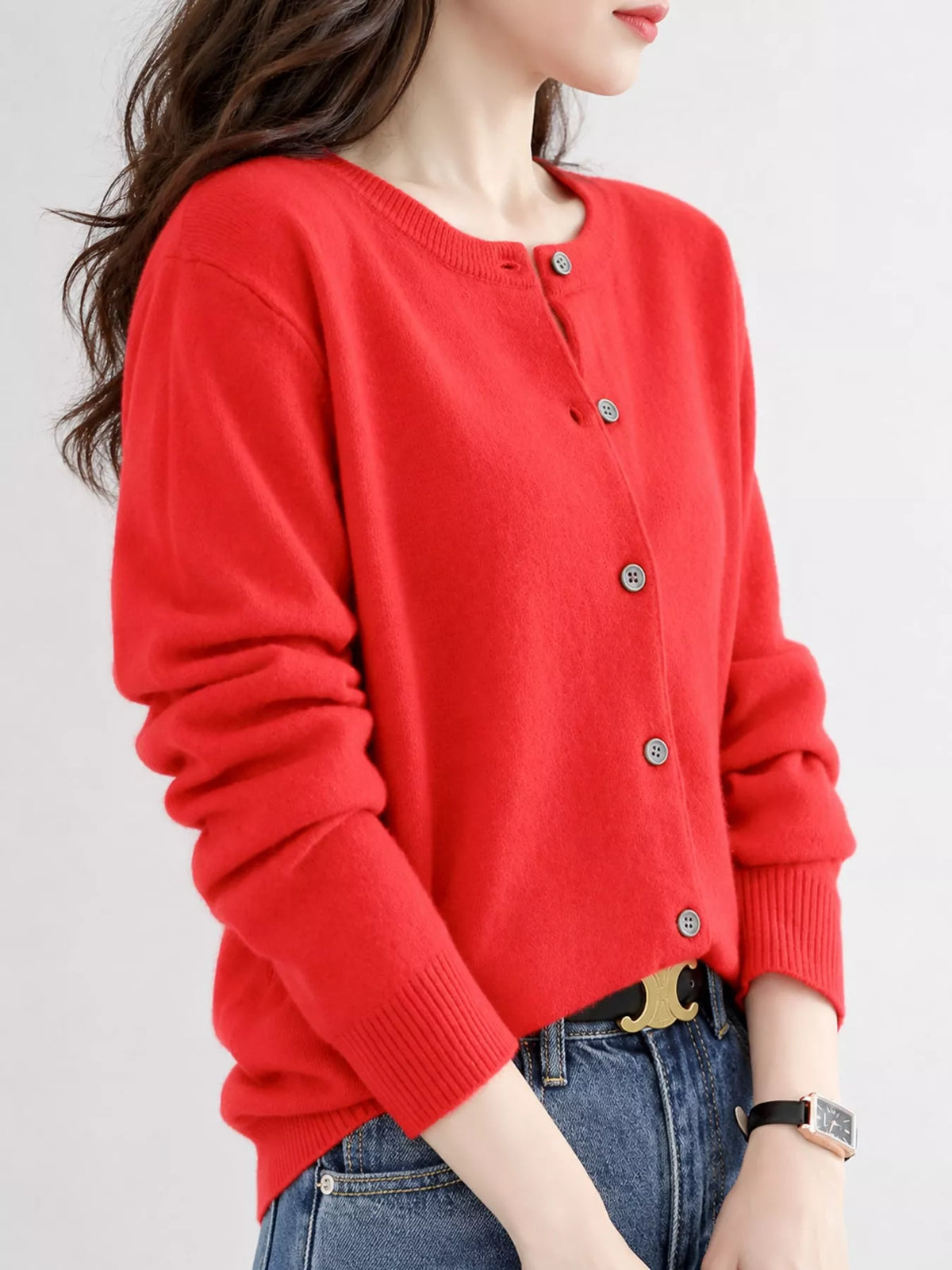Button-down cardigan, red side