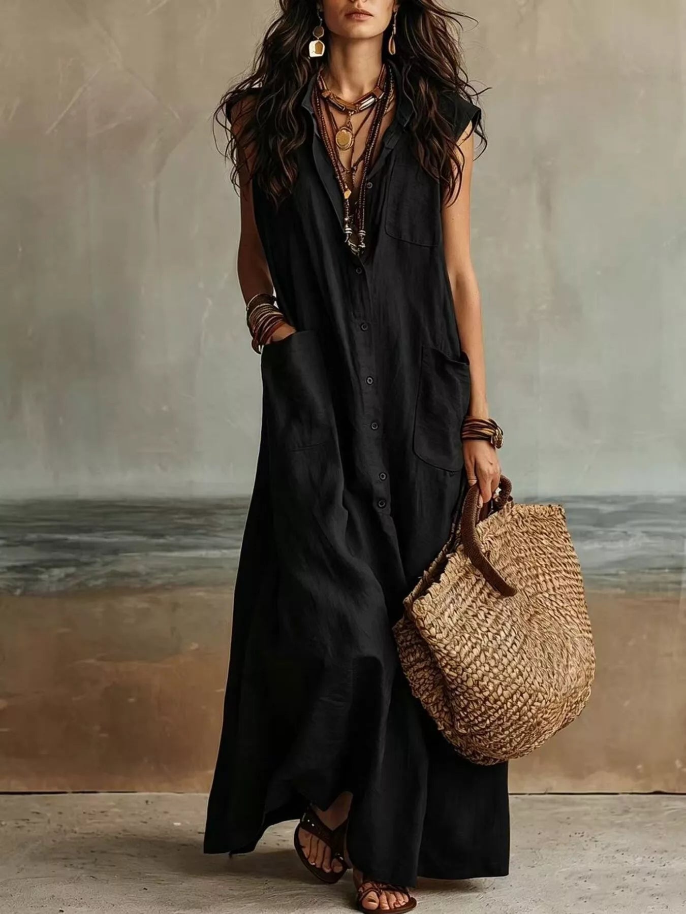 Trendsi Sleeveless Button-Down Linen Maxi Dress -