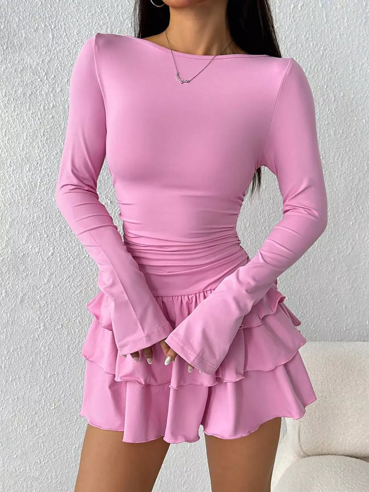 Pink layered ruffle mini dress