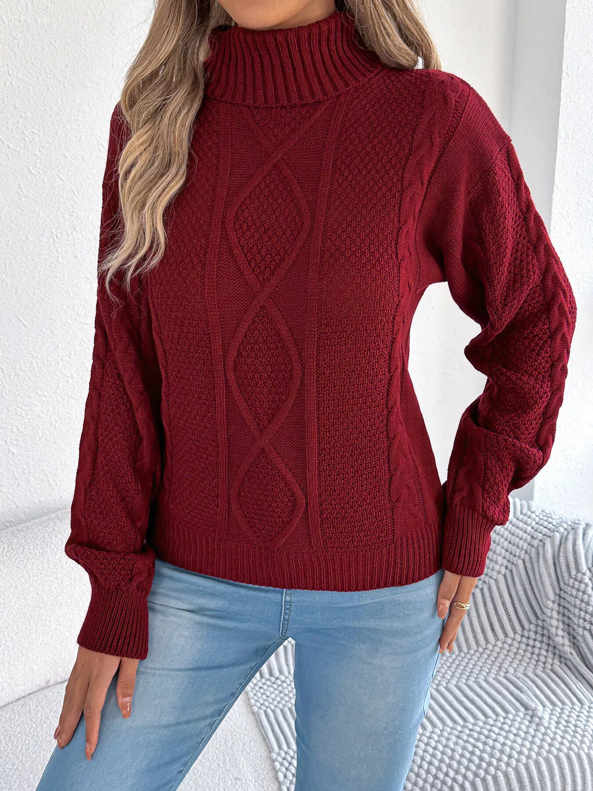 Burgundy turtleneck cable knit sweater