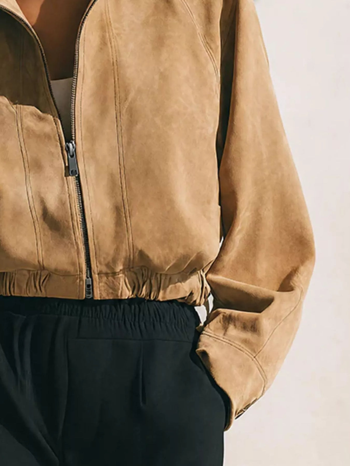 Faux Suede Zip-Up Stand Collar Cropped Jacket, hem detail