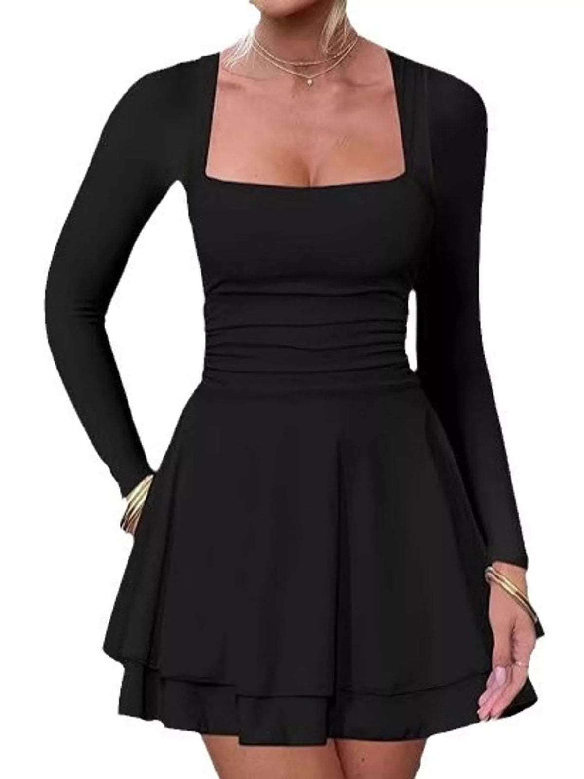 Square neck long sleeve mini dress, front view on model
