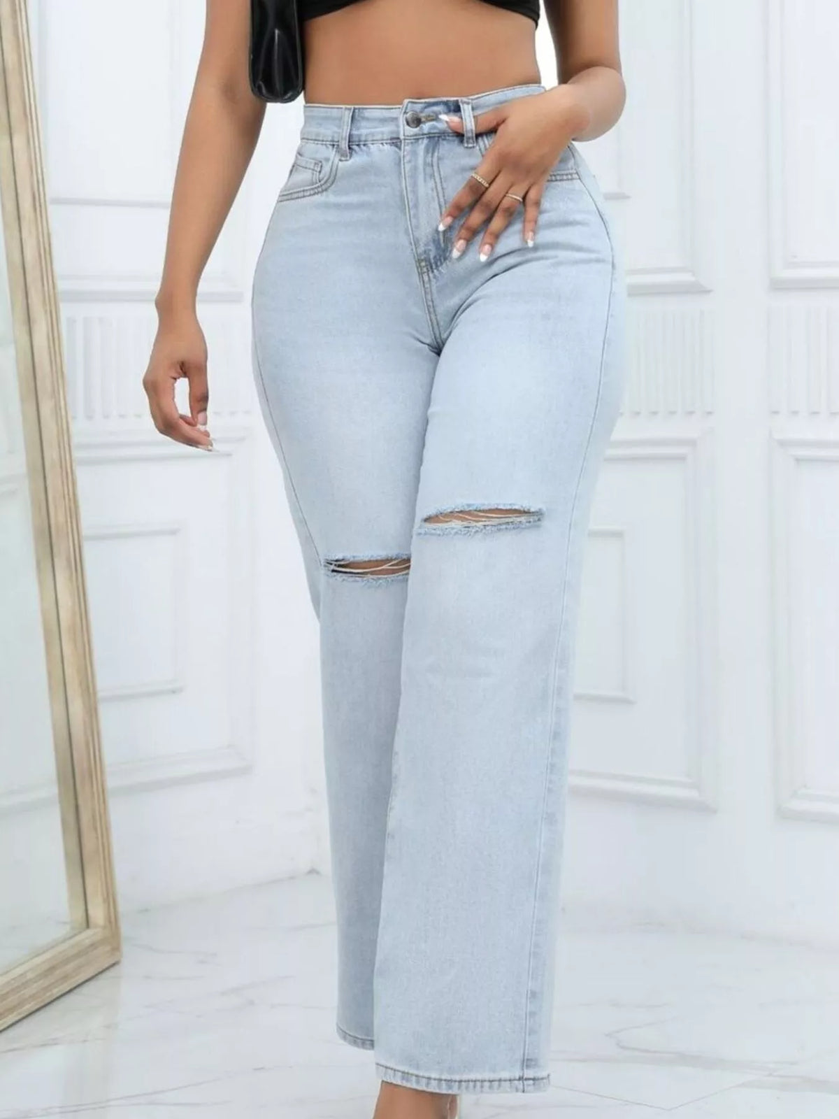 Knee-Ripped Wide-Leg Jeans in light blue, front view