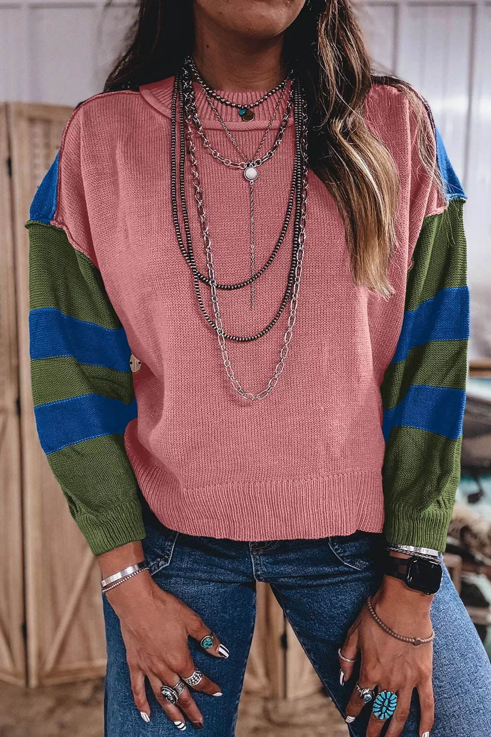 Trendsi Multicolour Western Colorblock Patchwork Striped Long Sleeve Sweater -