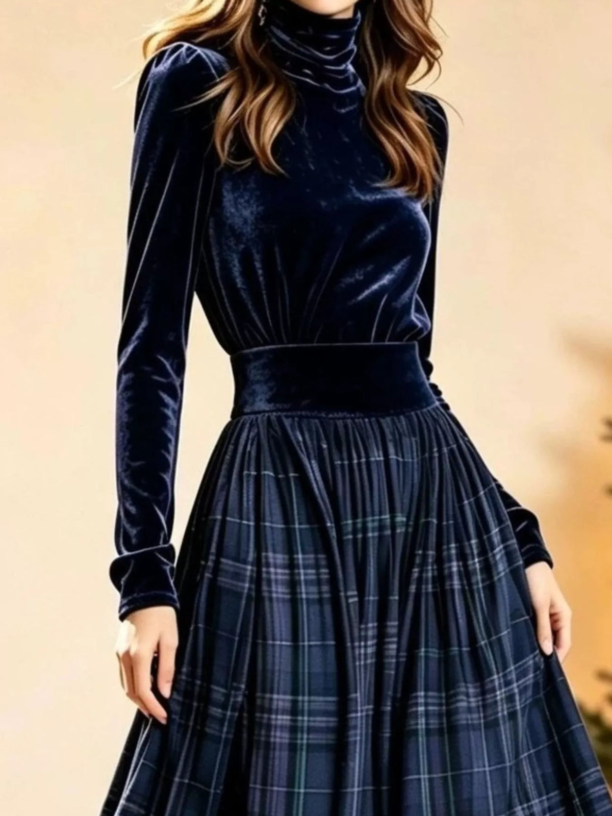 Navy velvet turtleneck top and plaid skirt set, turtleneck top and plaid skirt