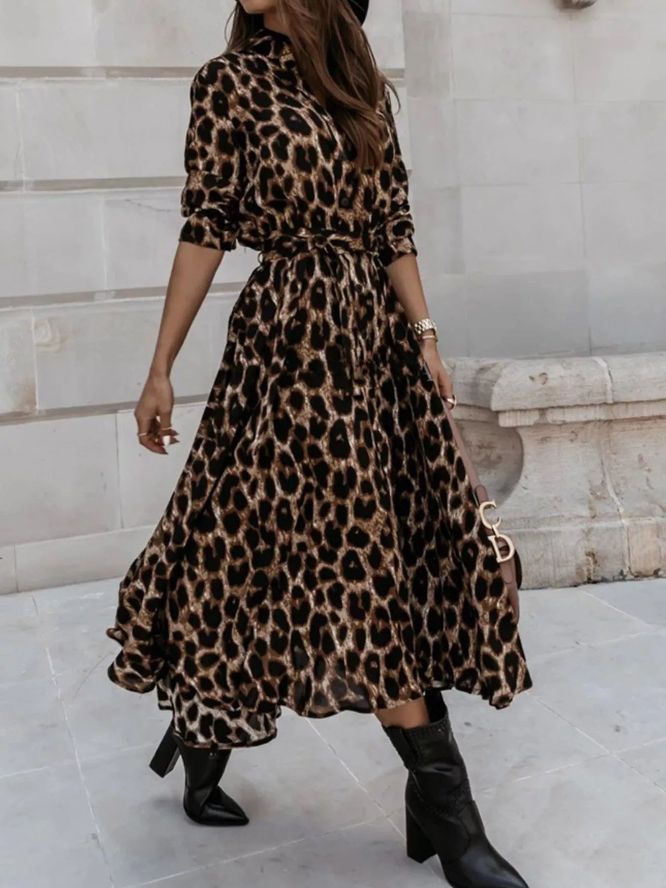 Trendsi Leopard Print Button-Down Midi Dress with Belt -