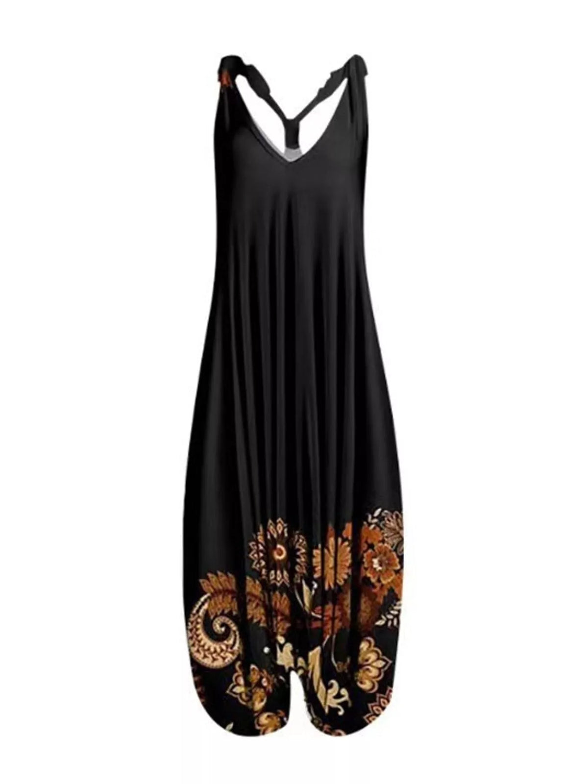 Black gold floral-print V-neck sleeveless jumpsuit