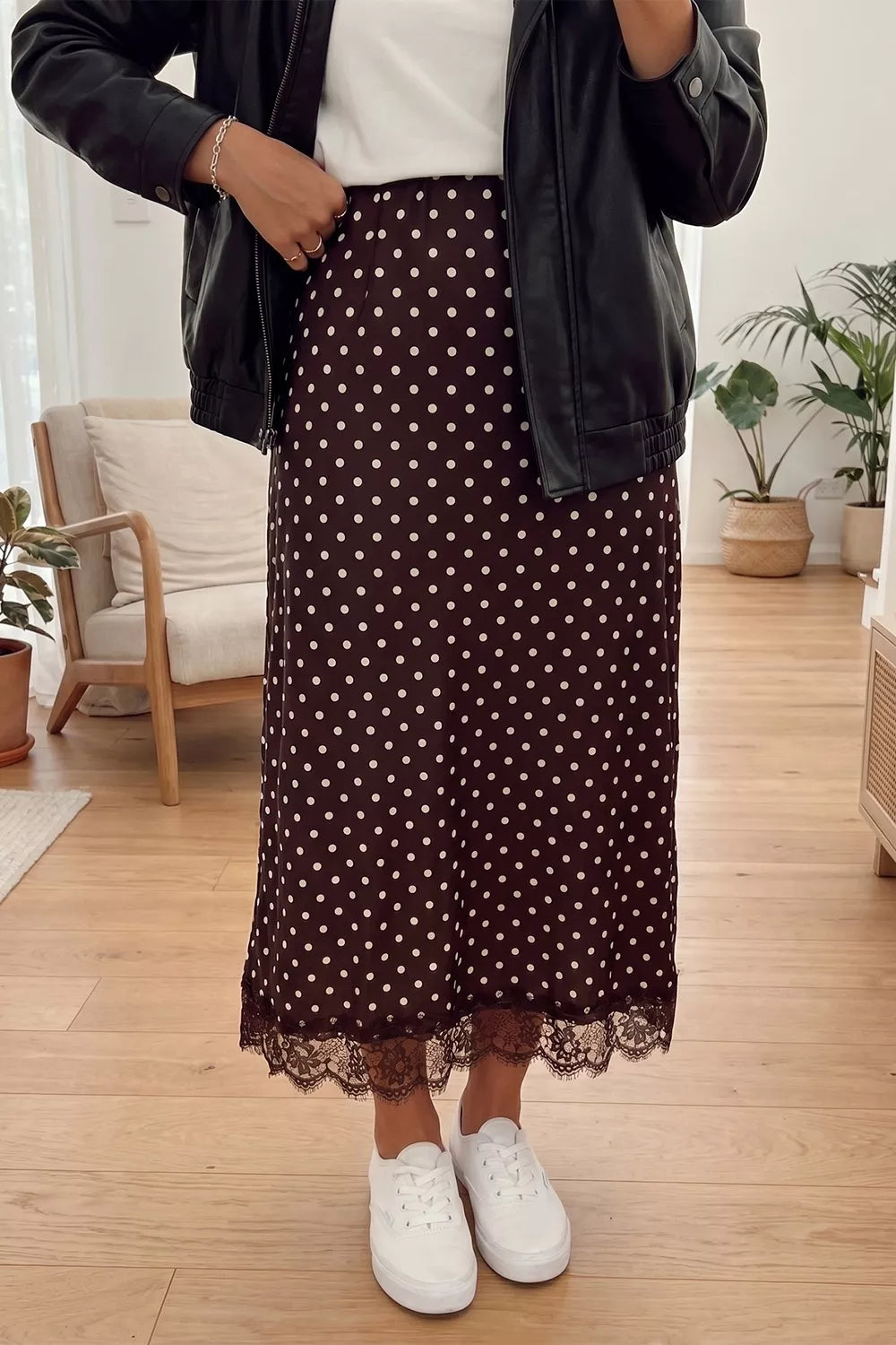 Trendsi Polka Dot Lace Hem Elegant Long Shift Skirt -