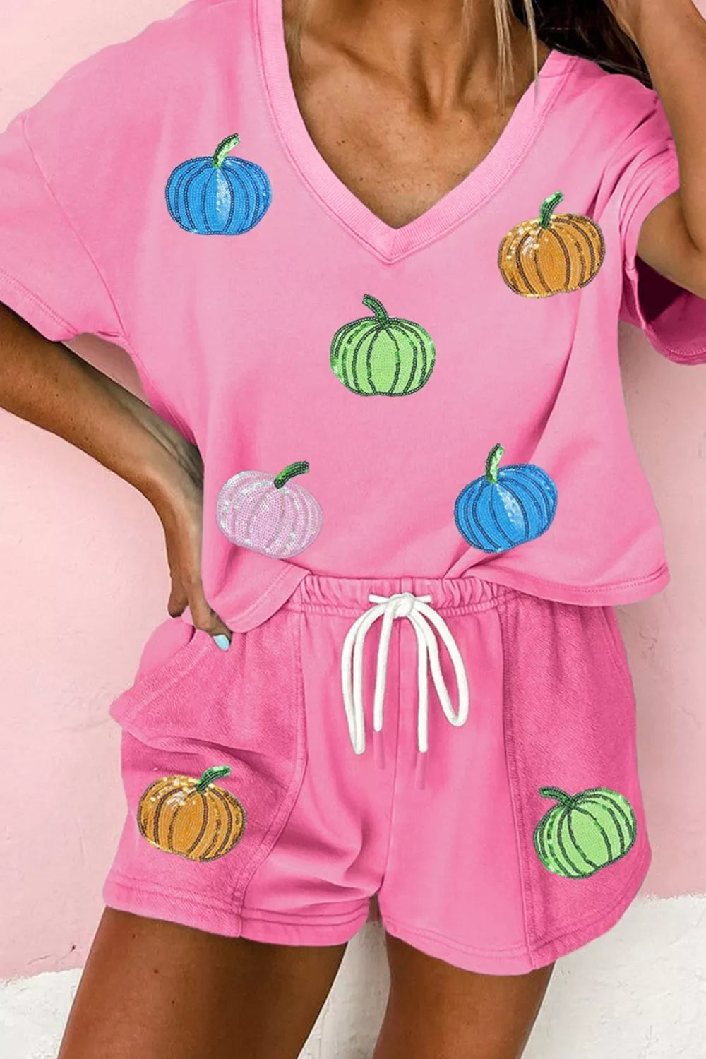 Trendsi Sequin Halloween Pumpkin Pattern V Neck Tee and Drawstring Bottoms Casual Set -