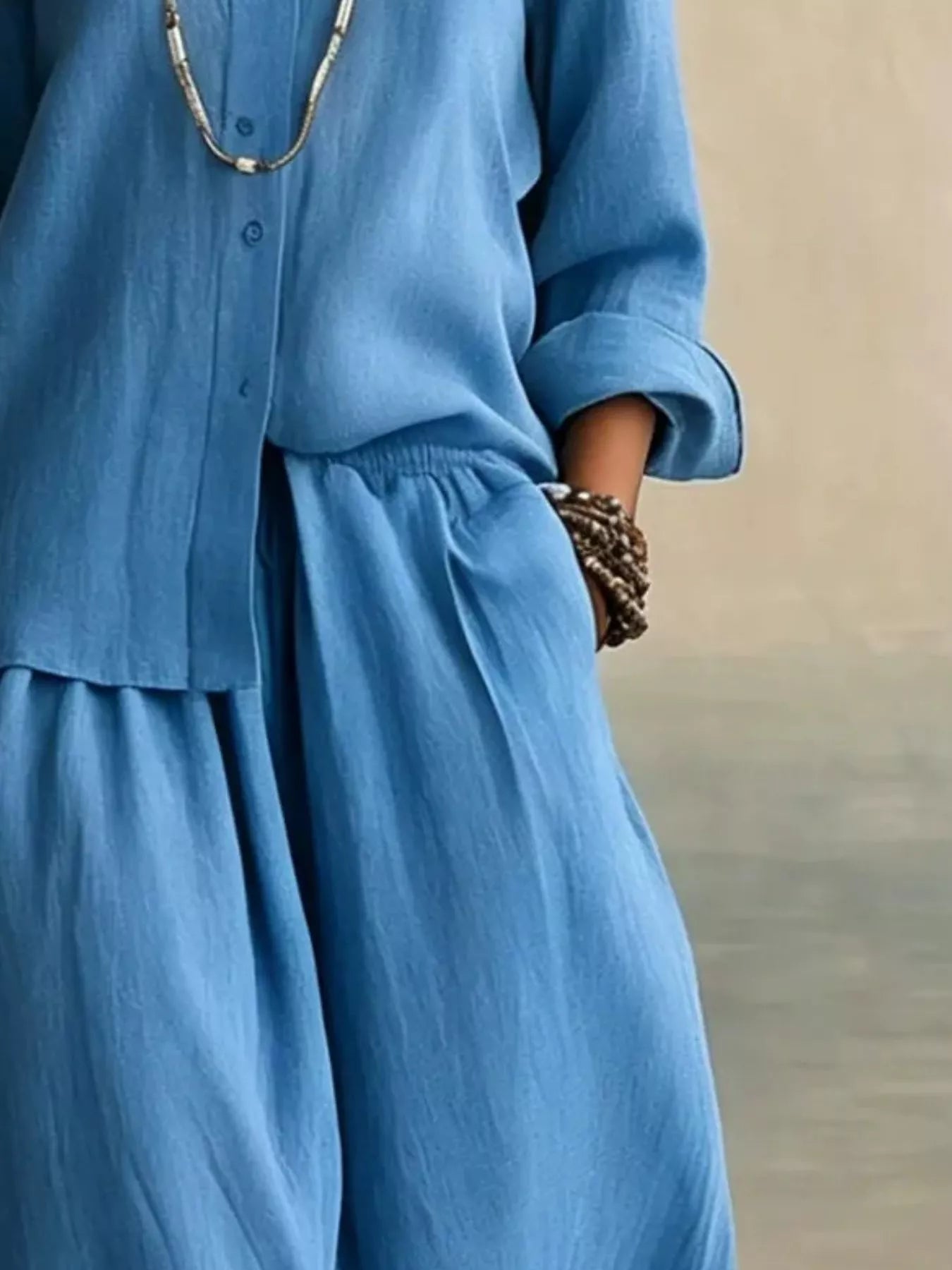 Trendsi Full Size Button Up Shirt and Wide-Leg Pants Set Plus Size -