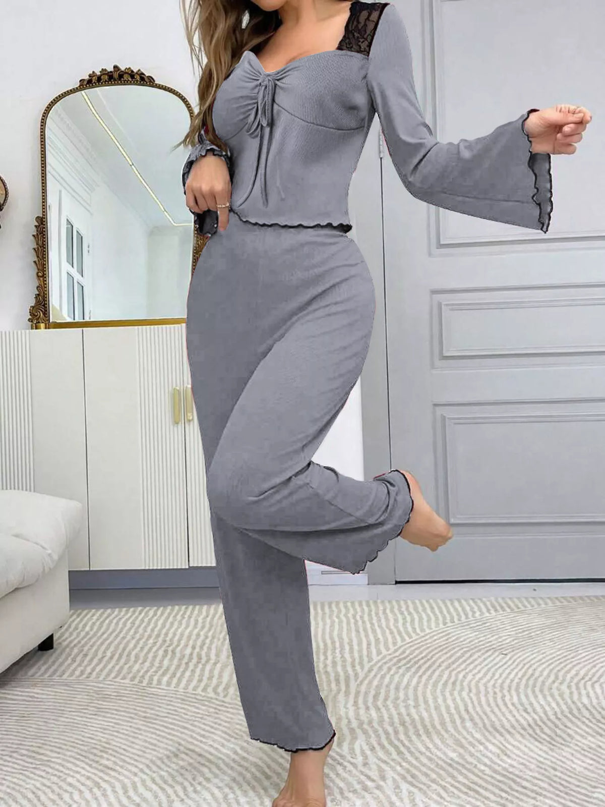 Grey Lace-Trim Flare-Sleeve Top & Pants Lounge Set standing front view