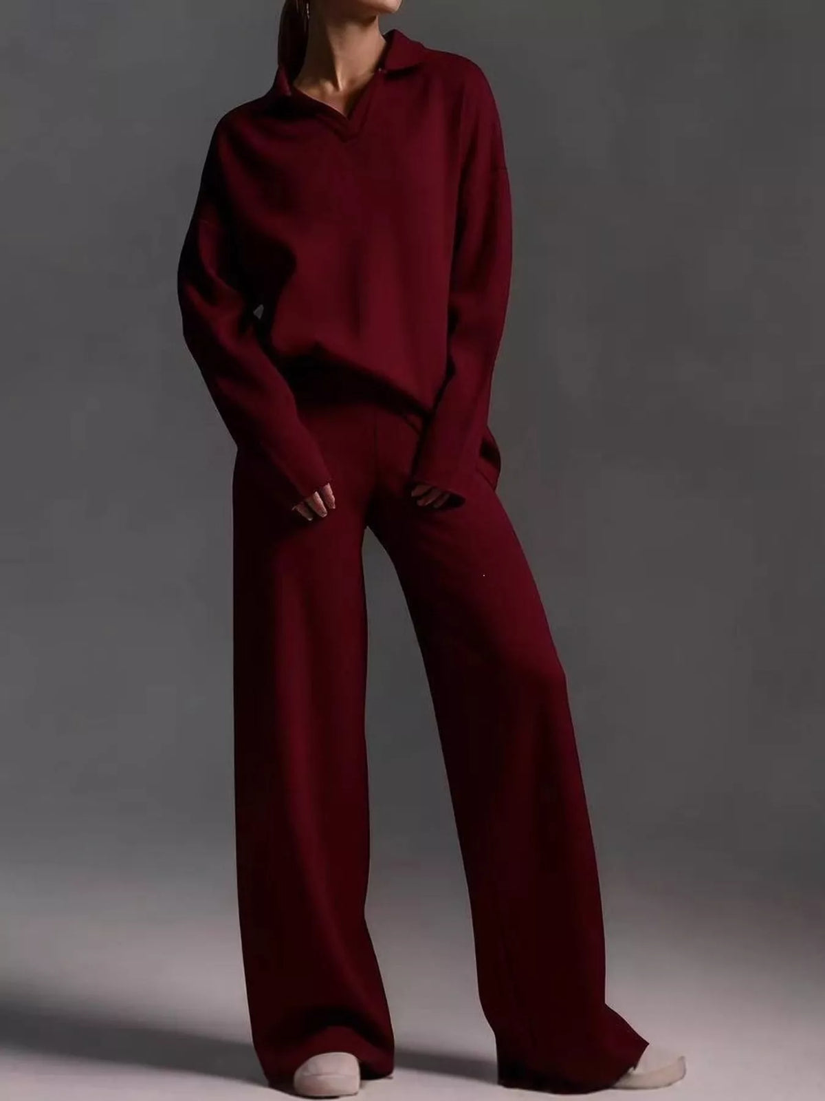 Polo top and pants set, burgundy front