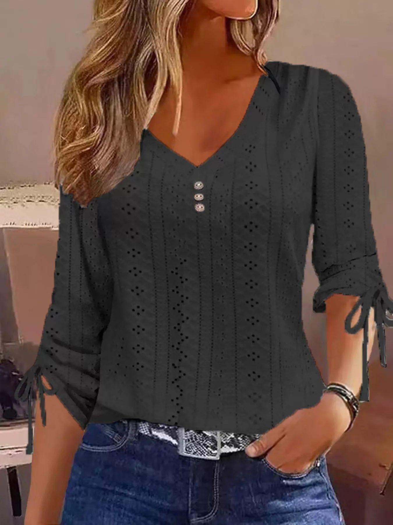 Trendsi Full Size V-Neck Eyelet Drawstring Sleeve Top Plus Size -