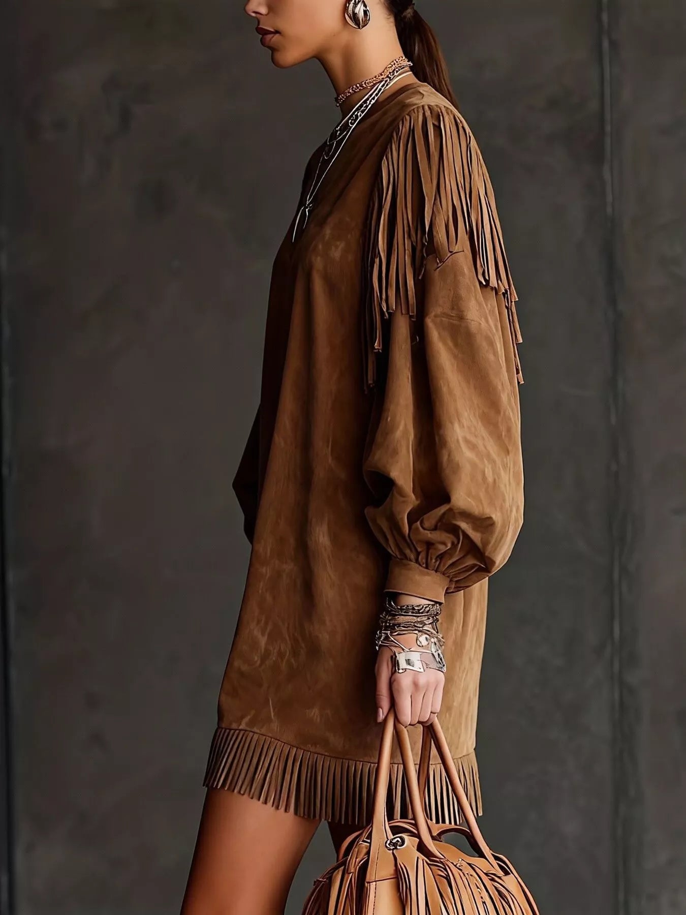 Trendsi Fringe Detail Lantern Sleeve Mini Dress -