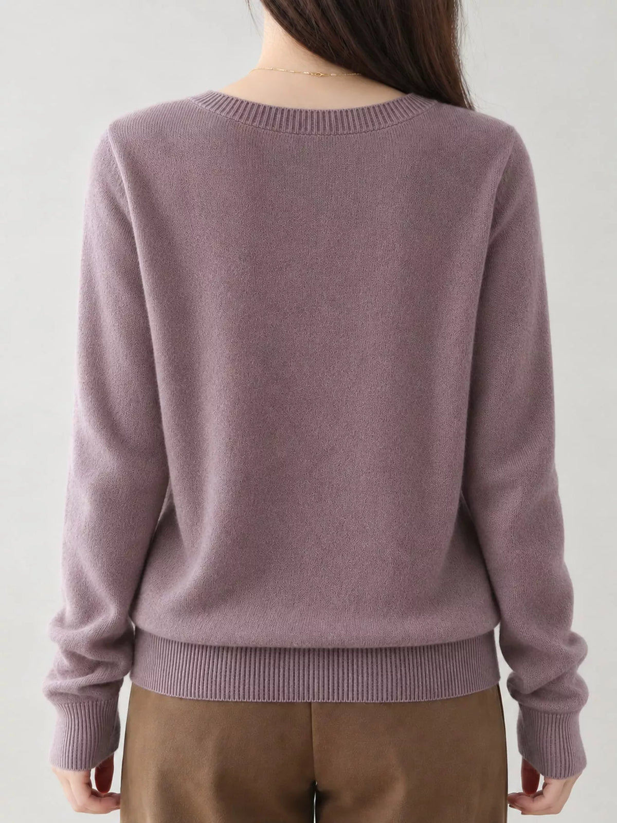 V-Neck Knit Sweater, back view in purple