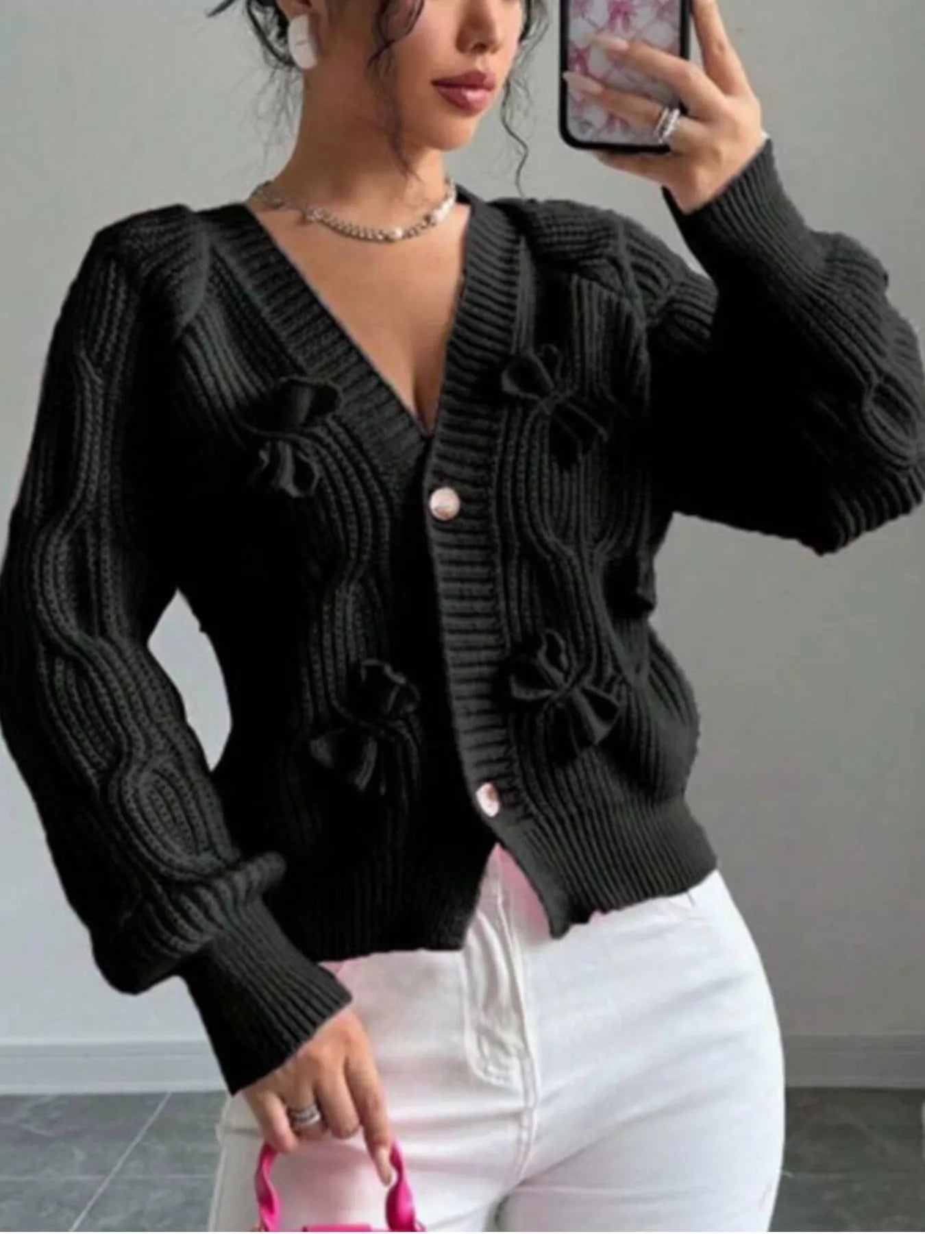 Trendsi Bow Cable Knit V-Neck Cardigan -