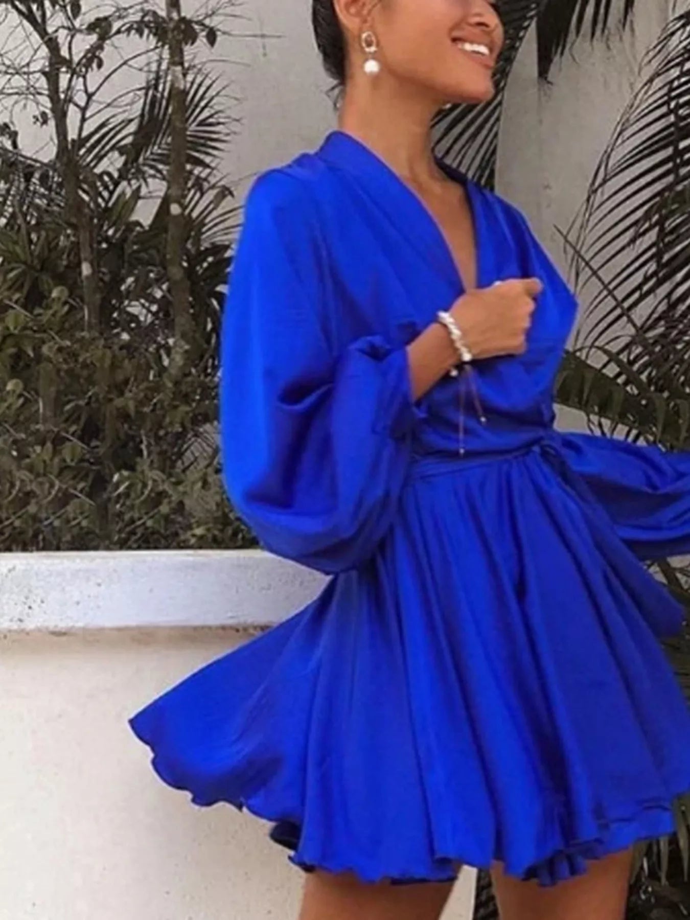 Trendsi Satin Surplice Long Sleeve Mini Dress -