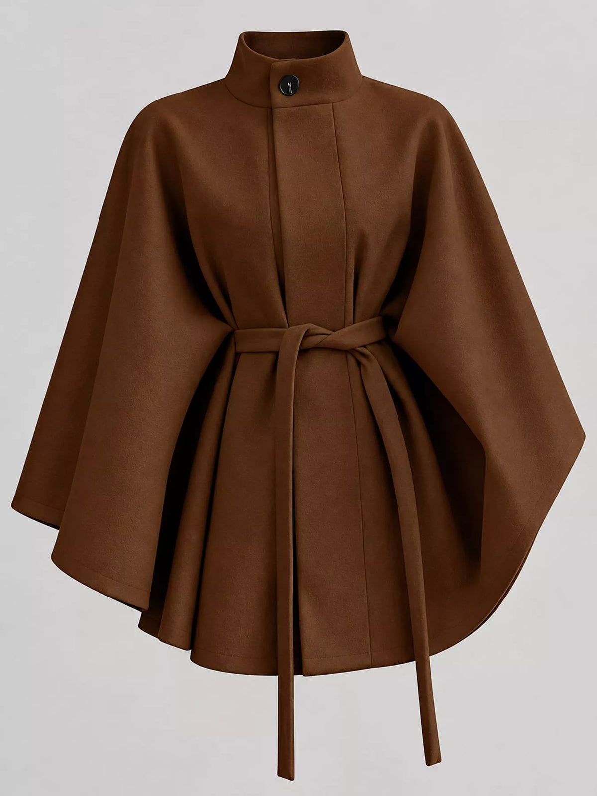 Brown tie-waist cape — front view