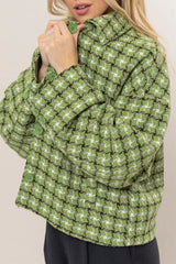 Trendsi HYFVE Tweed Plaid Button Up Collared Neck Jacket - Outerwear
