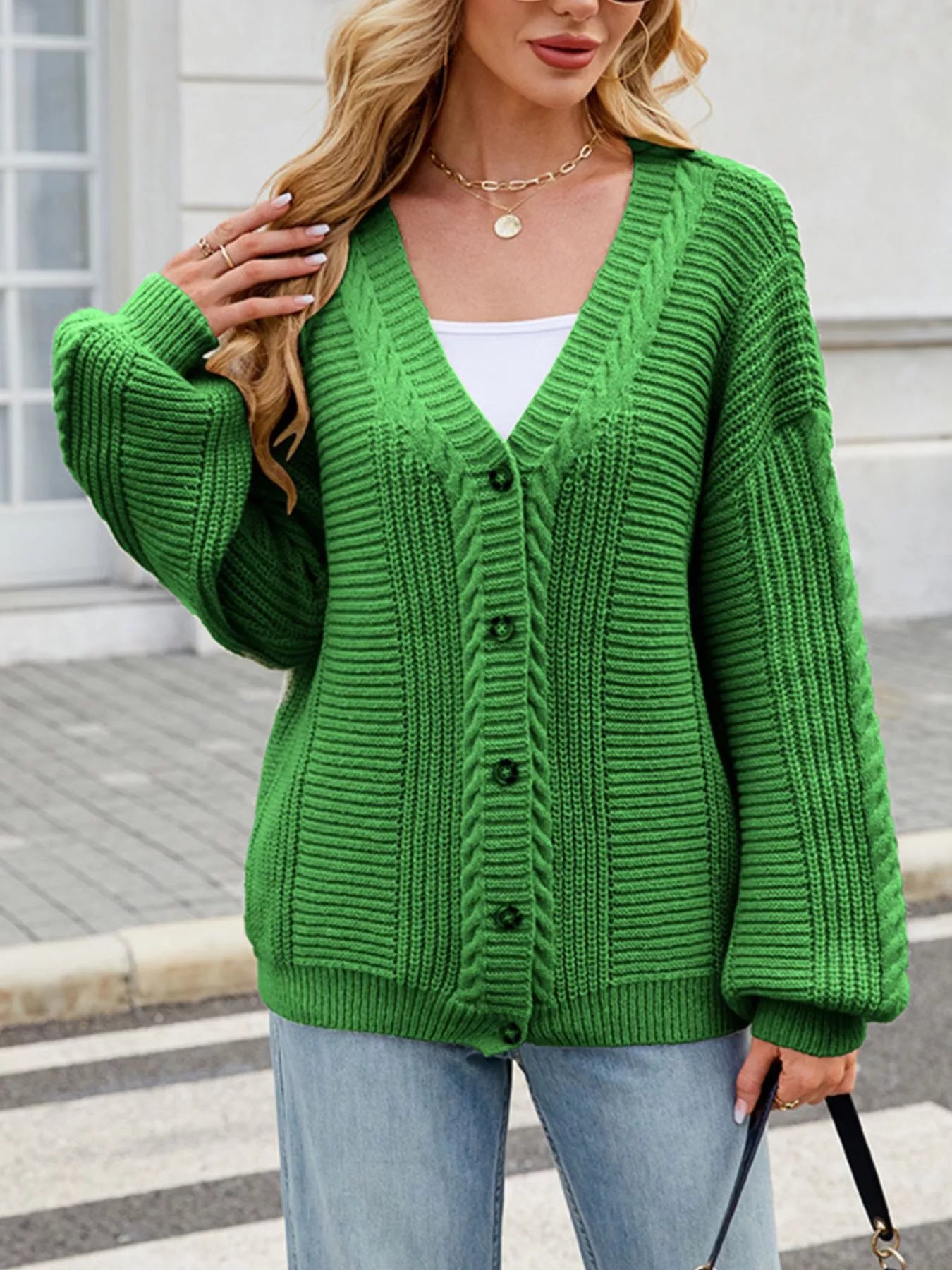 Trendsi Cable Knit Button-Up Cardigan -