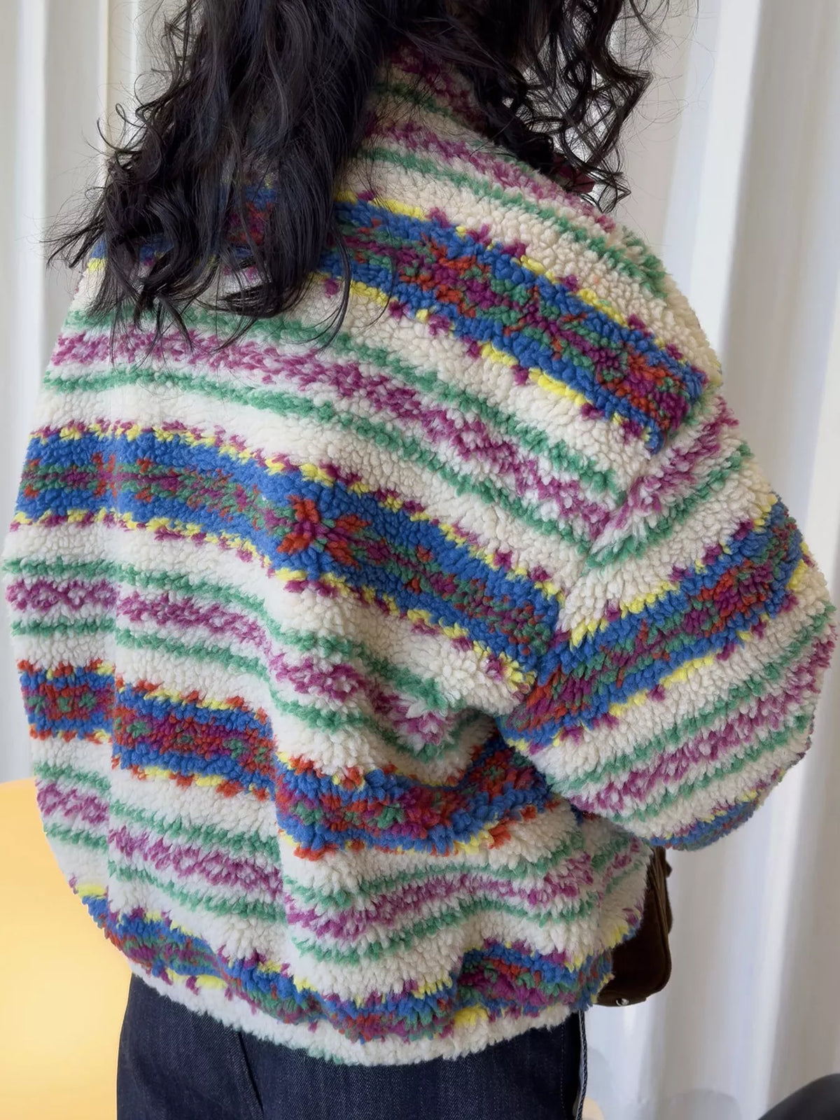 Multicolor colorful patterned sherpa zip up jacket, side view