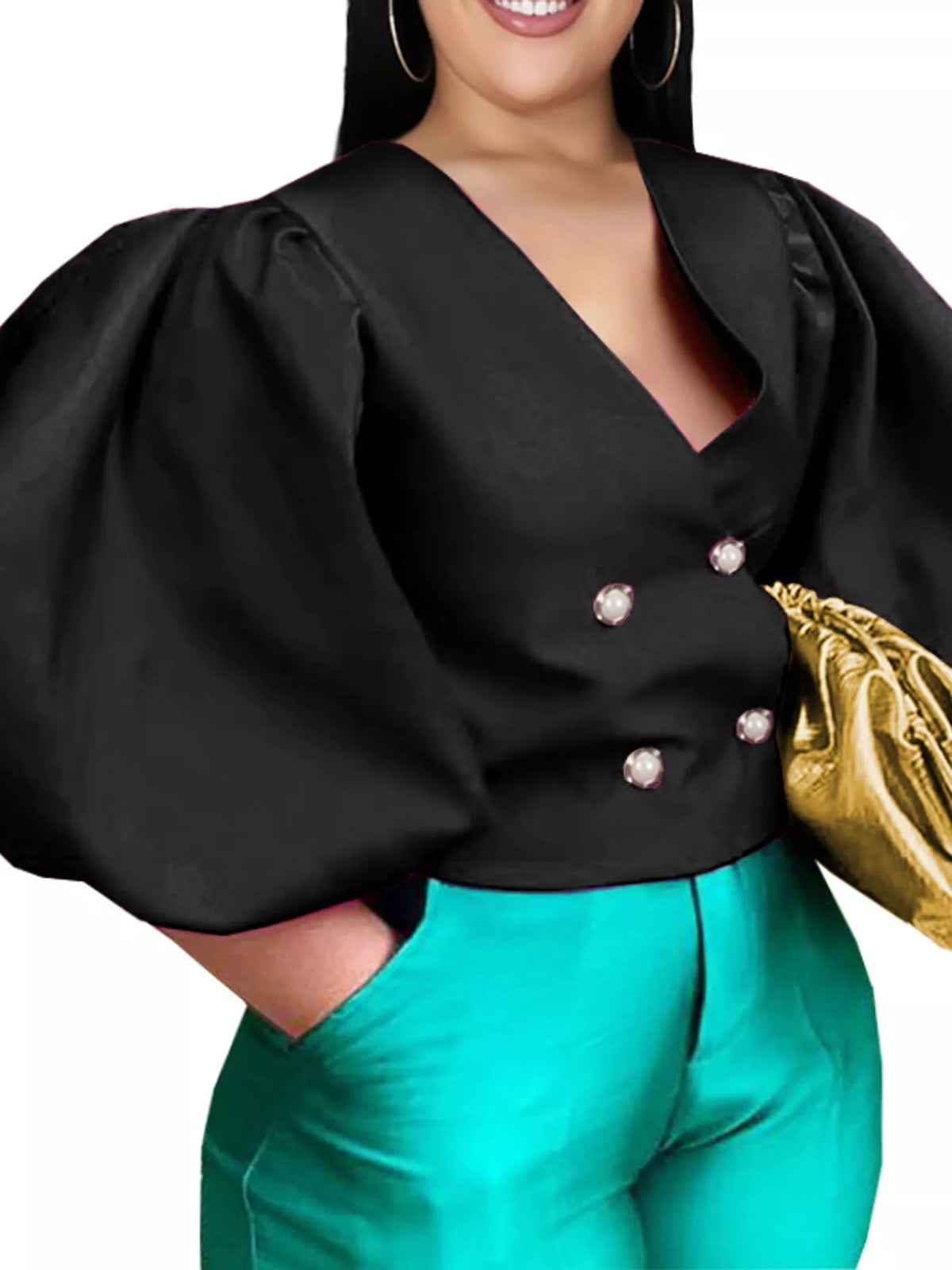 Black double-breasted puff sleeve blouse