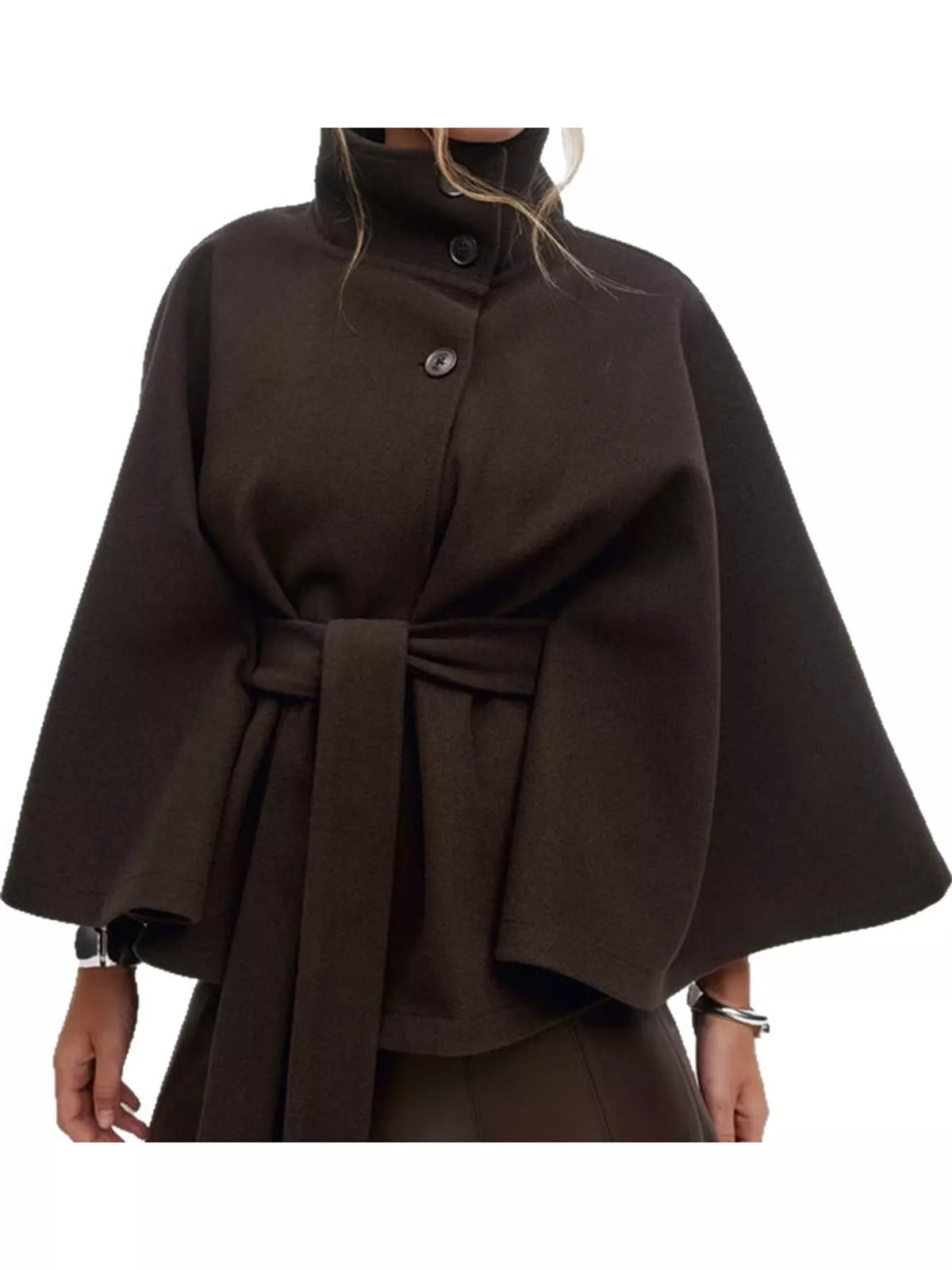 Brown belted button-front cape — front view