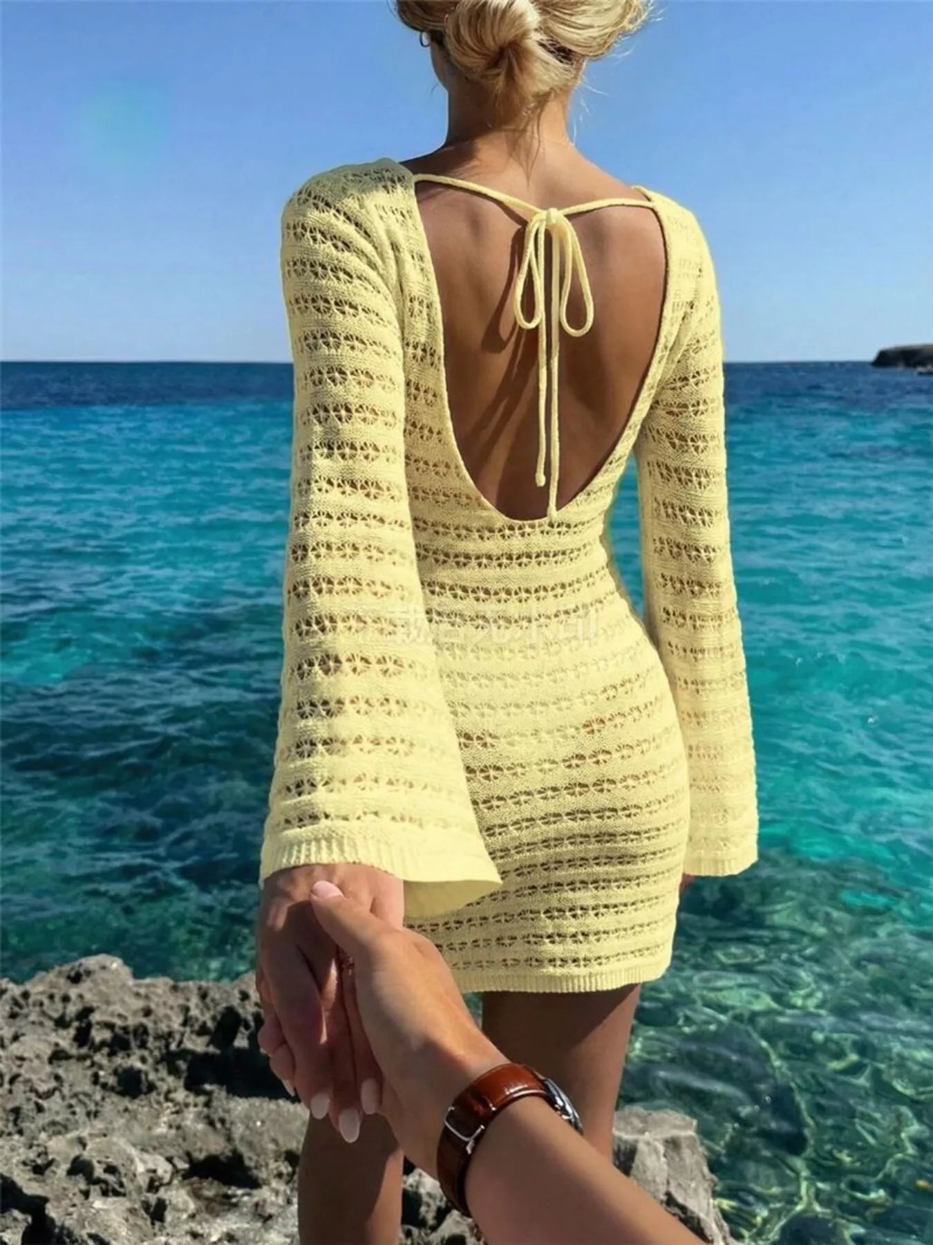 Trendsi Sheer Crochet Knit Mini Cover Up Dress -