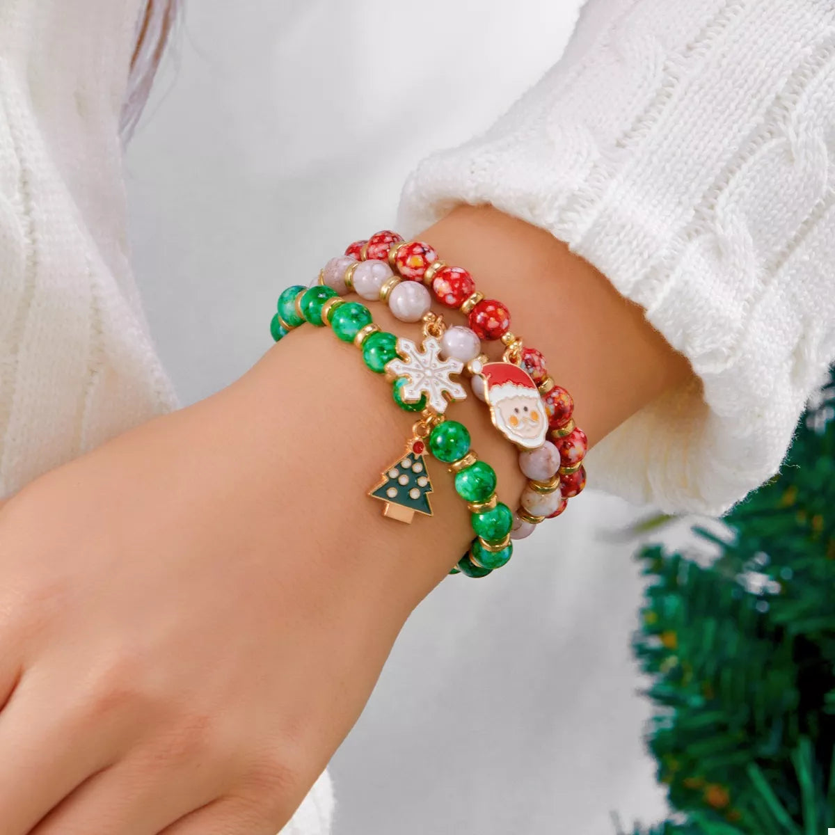 Trendsi 3 Piece Christmas Charm Beaded Bracelet -