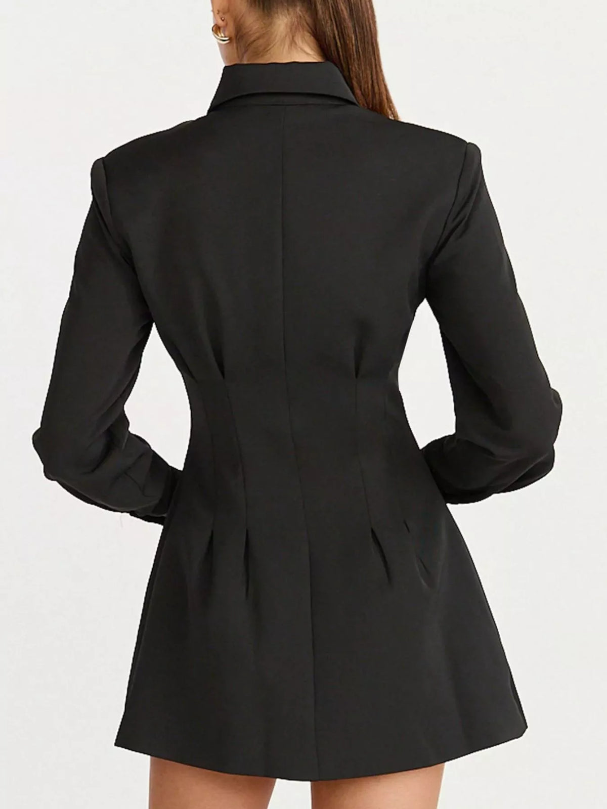 Corset-style mini blazer dress — black back view.