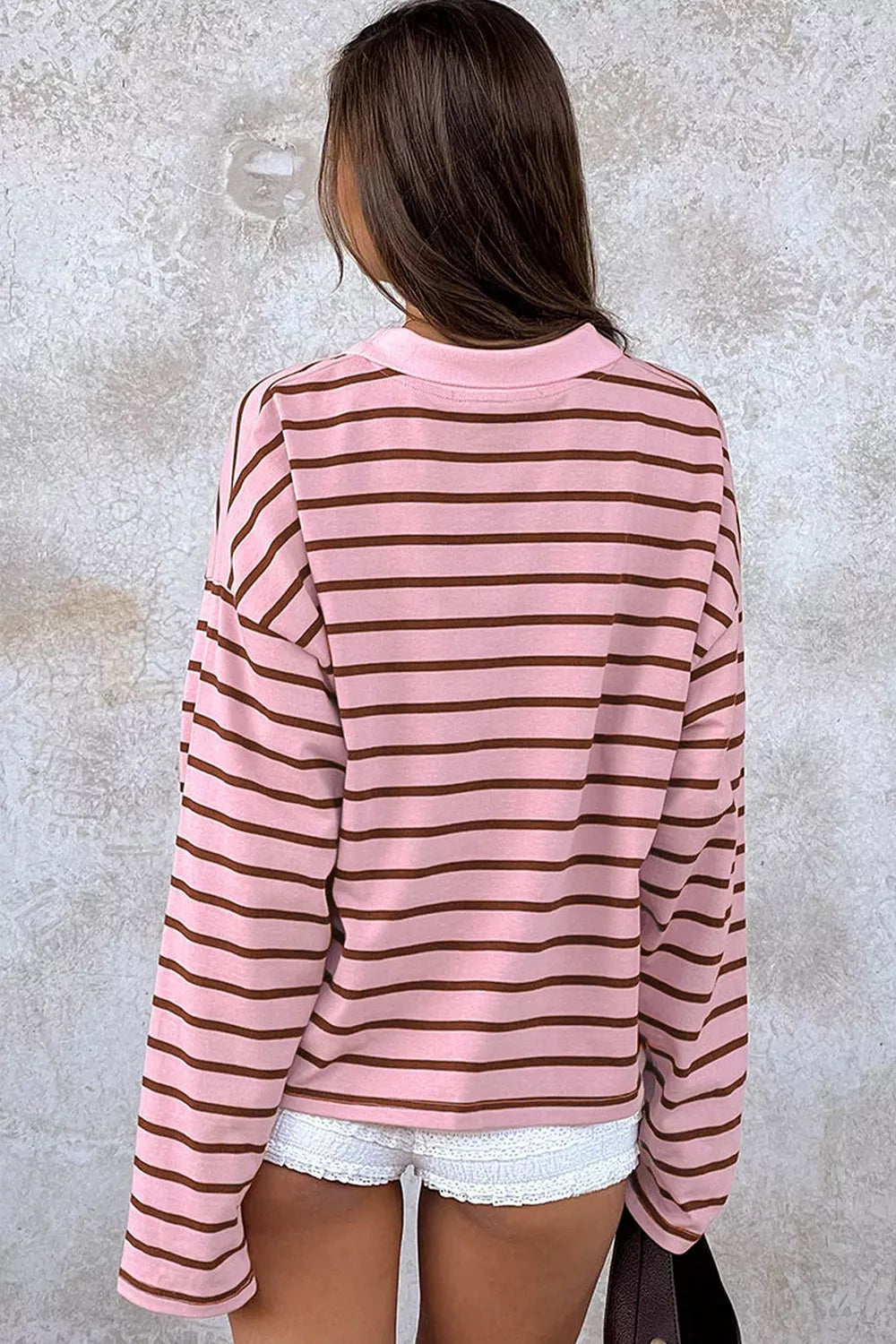 Trendsi Stripe Striped Long Sleeve Collar Shift Top -