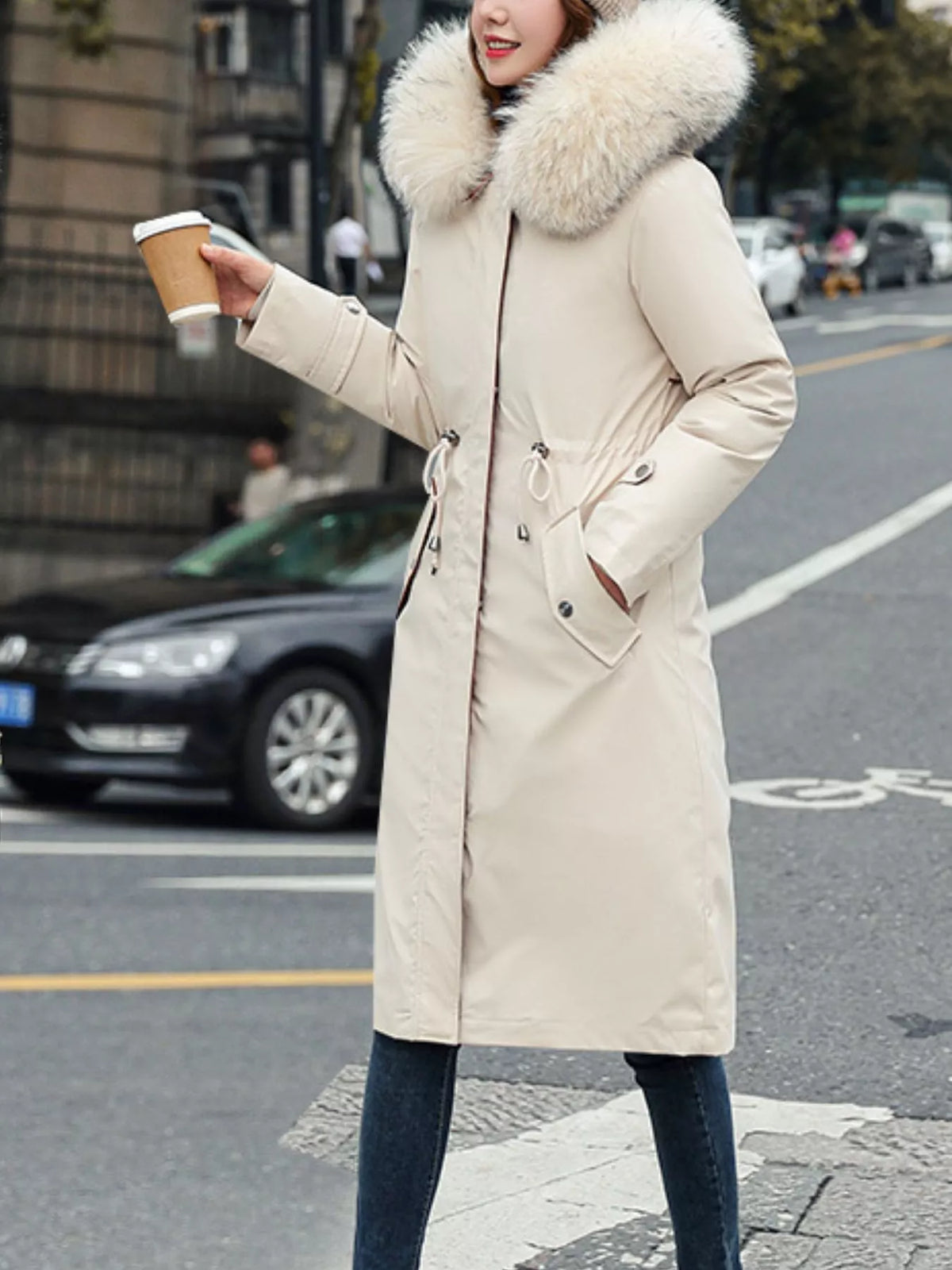 Faux-fur-trim parka, ivory front