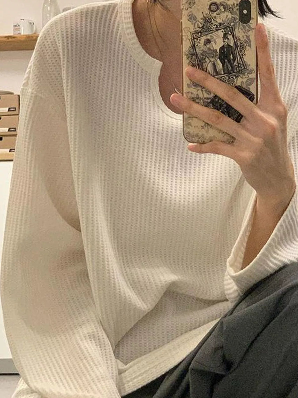 Split-Neck Waffle Knit Long Sleeve T-Shirt — front view
