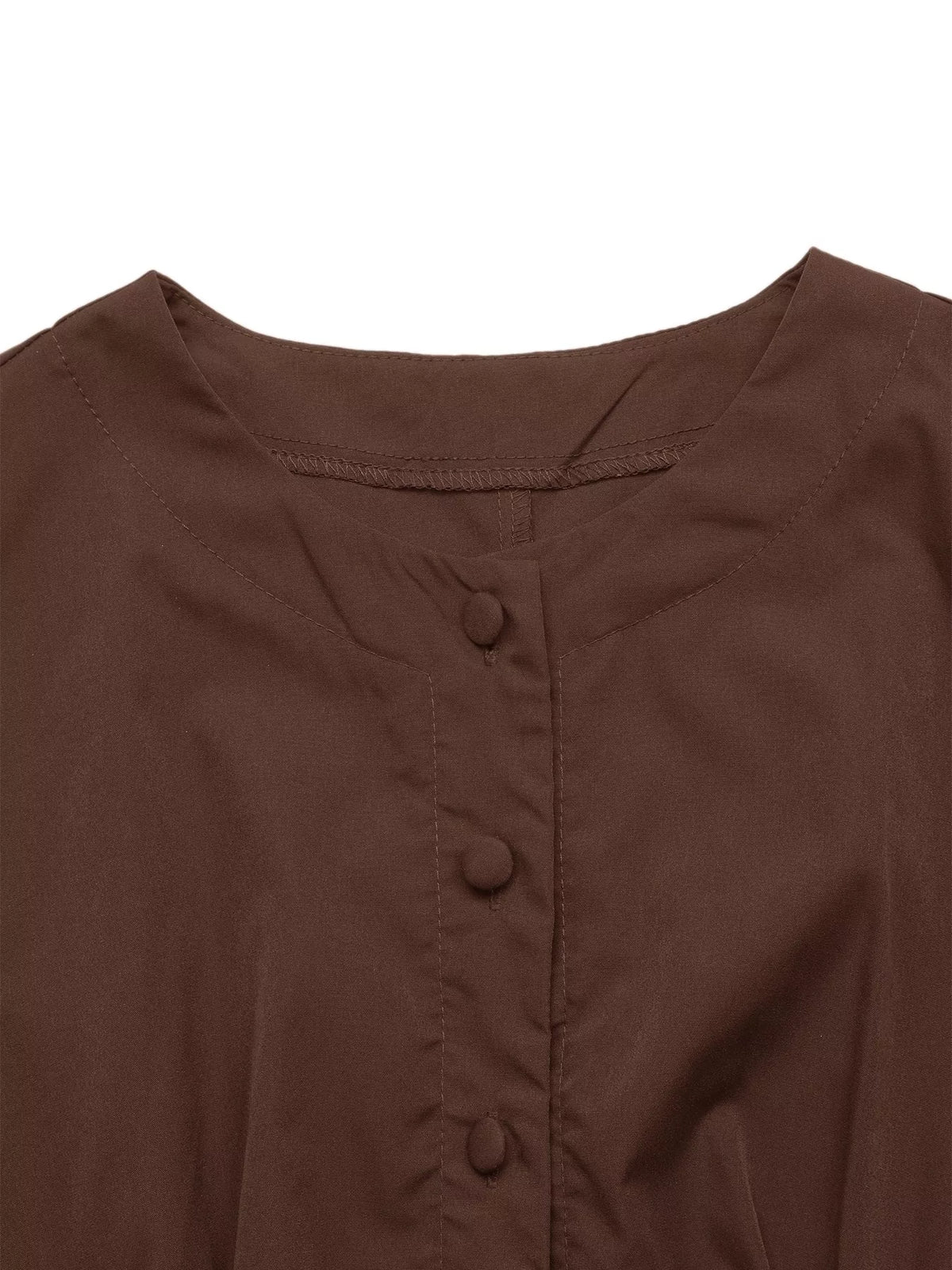 Brown button-down long sleeve midi dress, neckline and button detail