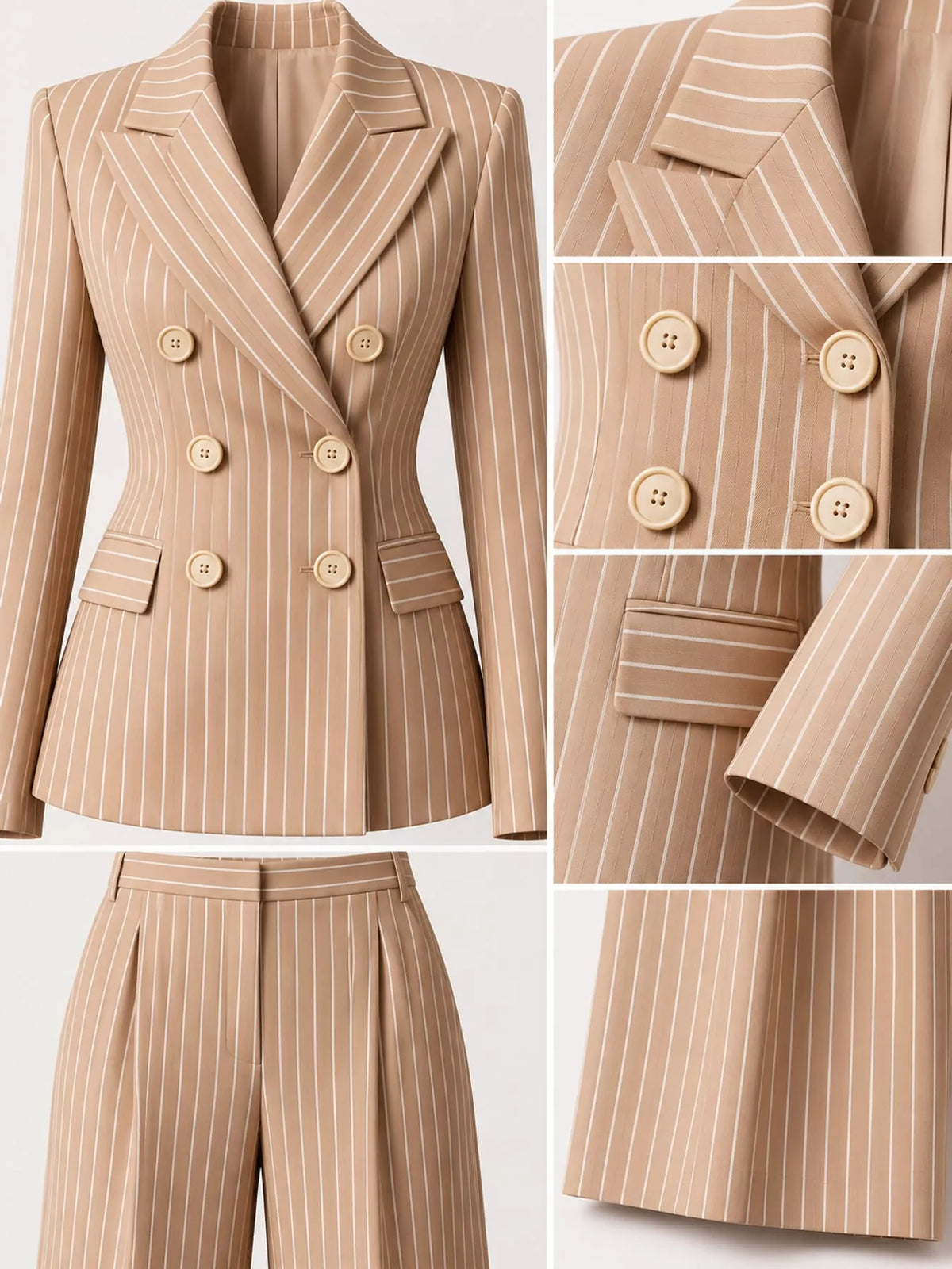 Pinstripe pantsuit, tan suit details