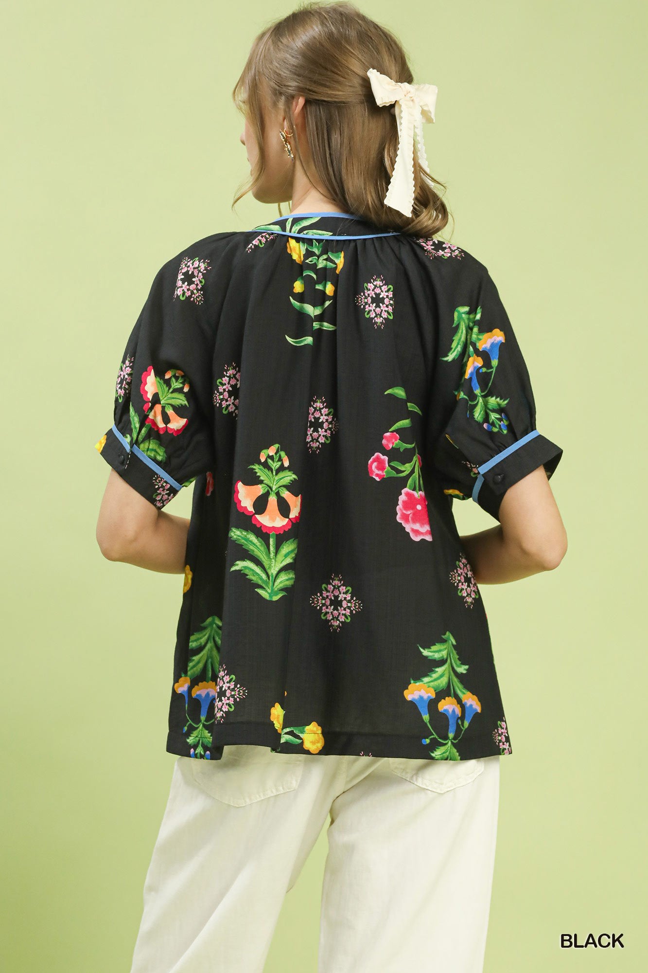 Women's Botanical Print Button-Front Blouse With Blue Trim — product view 3