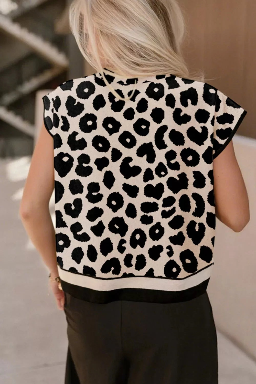 Trendsi Leopard Print High Neck Short Sleeve Sweater -
